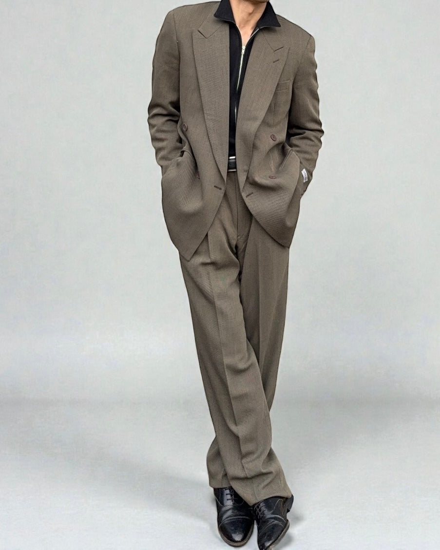 Giorgio Armani 1980s Double Breasted Pleated Wool Suit Olive Taupe