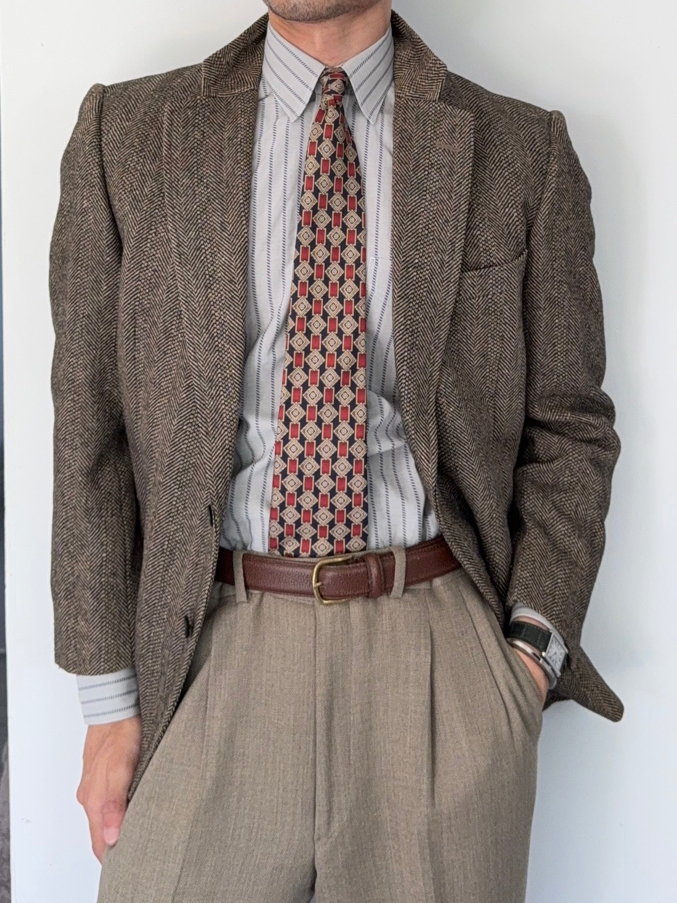 Burberry 1980s Herringbone Tweed Brown Sports Jacket Blazer - Size S