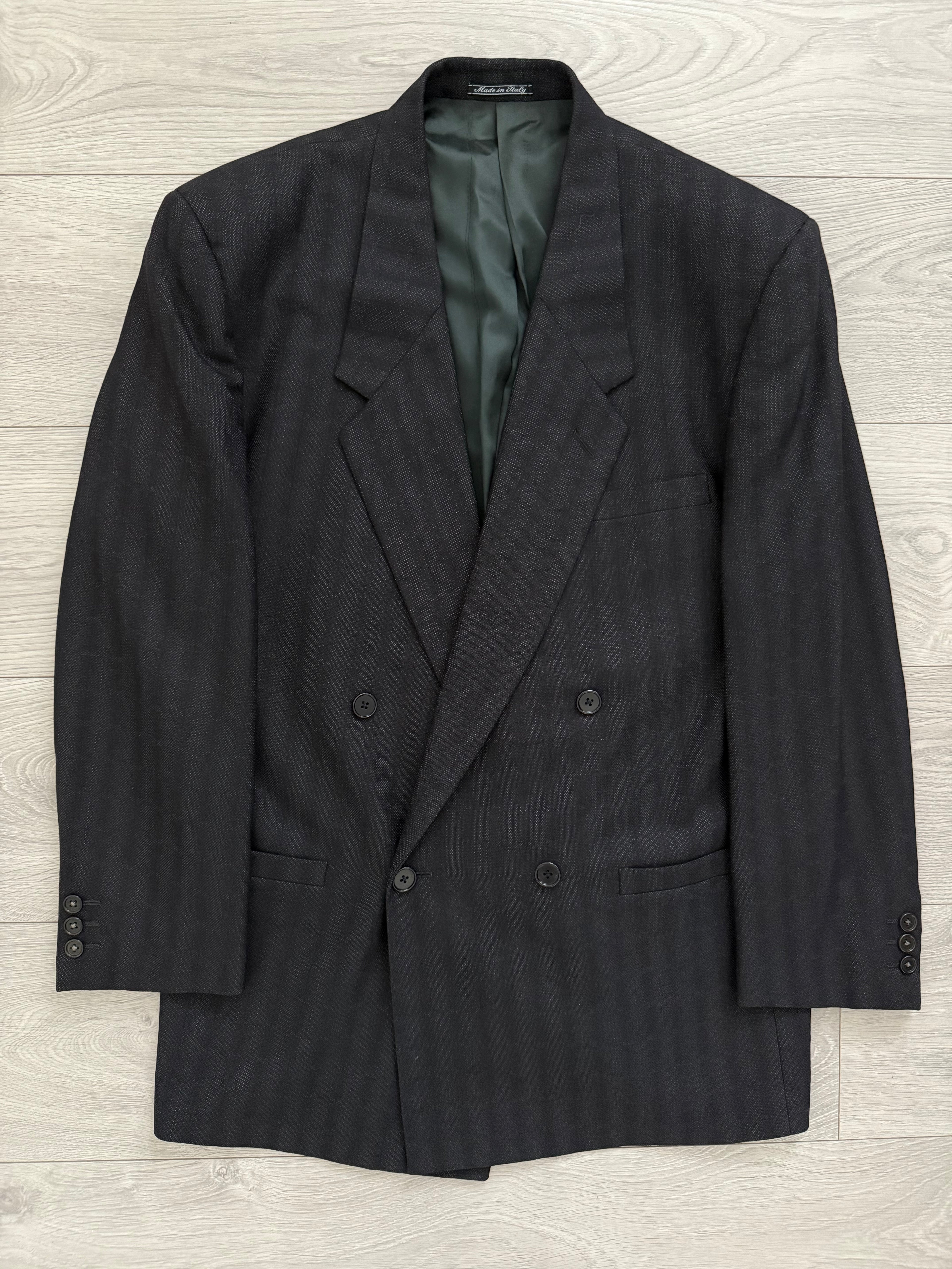 Versace 1980s Notch Lapel Double Breasted Triple Pleat Textured Black Wool Suit - Size M Jacket / 32" Waist