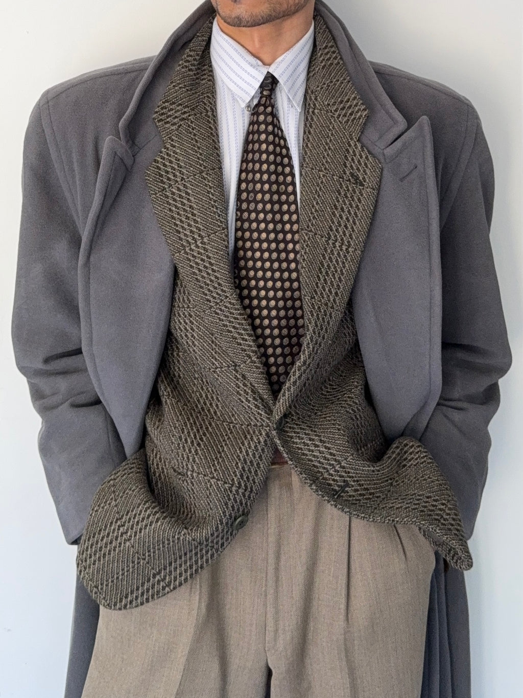 Hugo Boss 1980s 'Yamaha' Peaked Lapel Double-Breasted Wool Coat Grey - Size M
