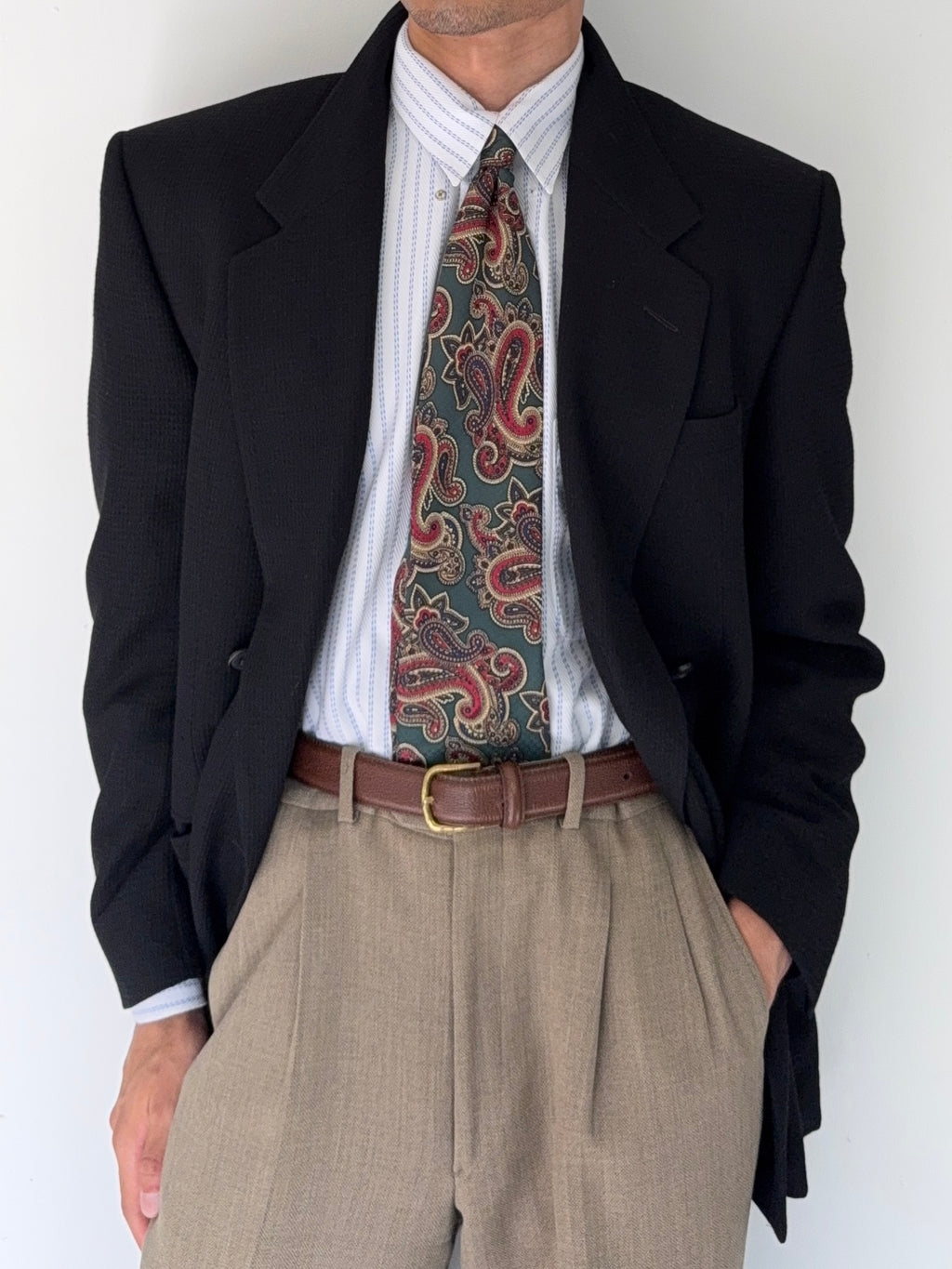 Versace 1980s Double Breasted Notch Lapel Textured Wool Sports Blazer Jacket Black - Size M