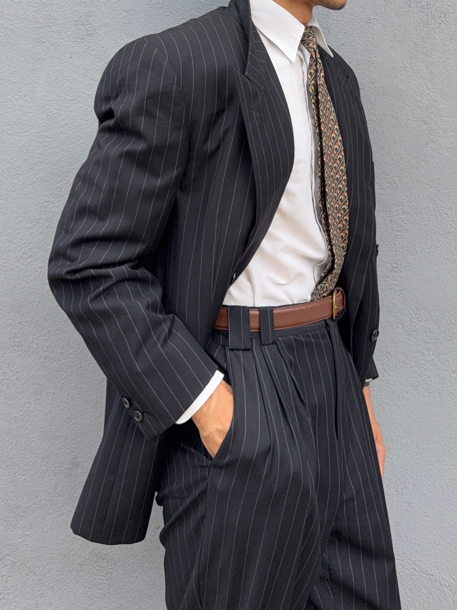 Versace 1980s Peak Lapel Double Breasted Triple Pleated Wool Striped Suit - Size L Jacket / 33" Waist