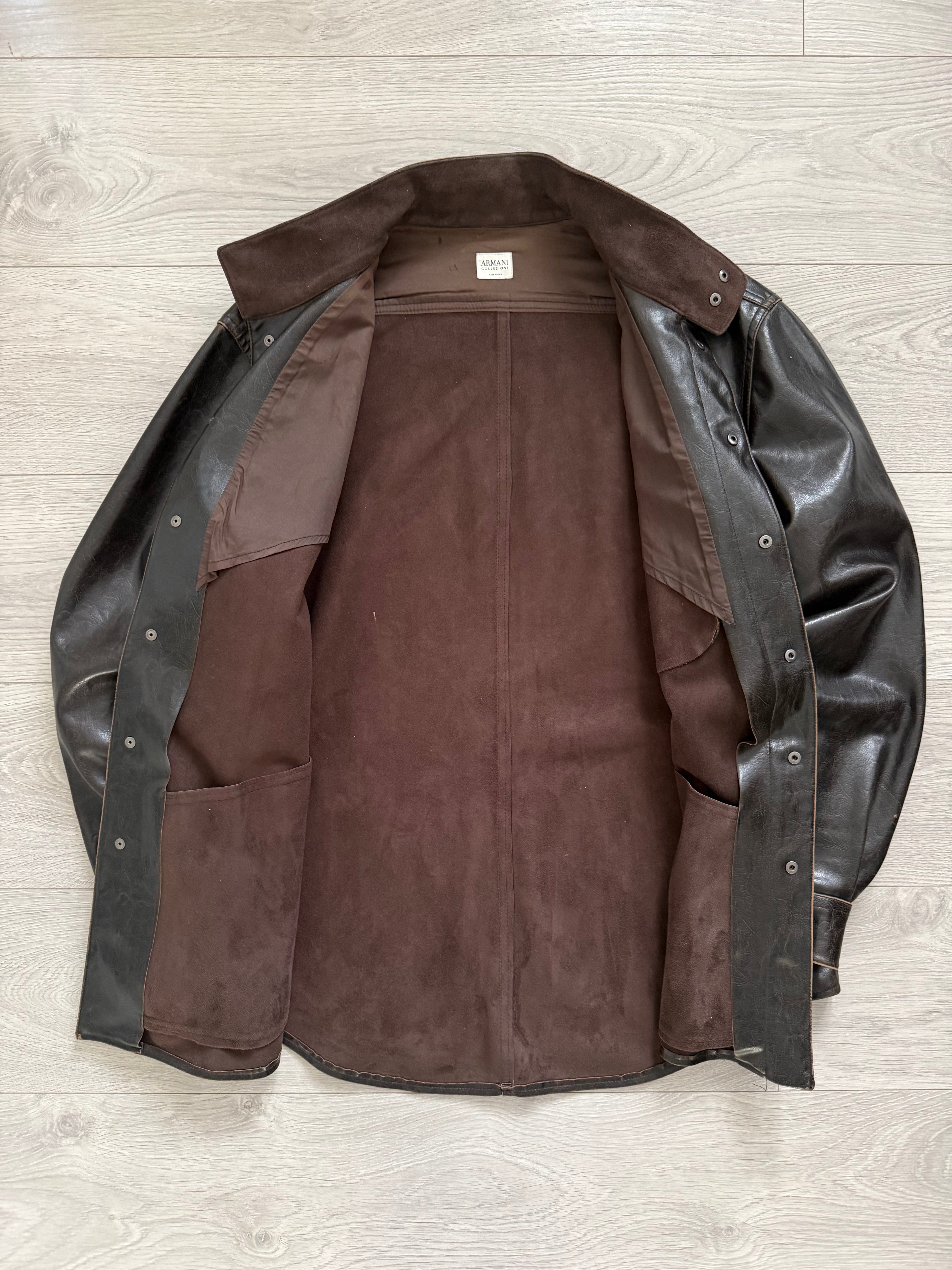 Armani 2004 Aged Leather Effect Snap-Front Jacket - Size XL