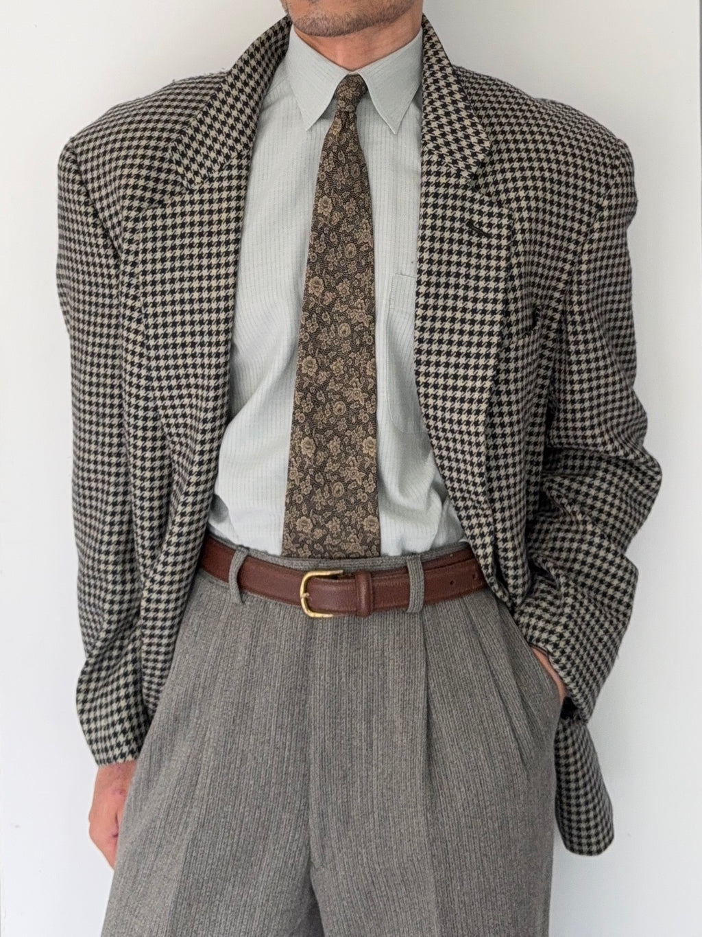 Giorgio Armani 1980s Houndstooth Textured Wool Check Sports Jacket Blazer - Size XL