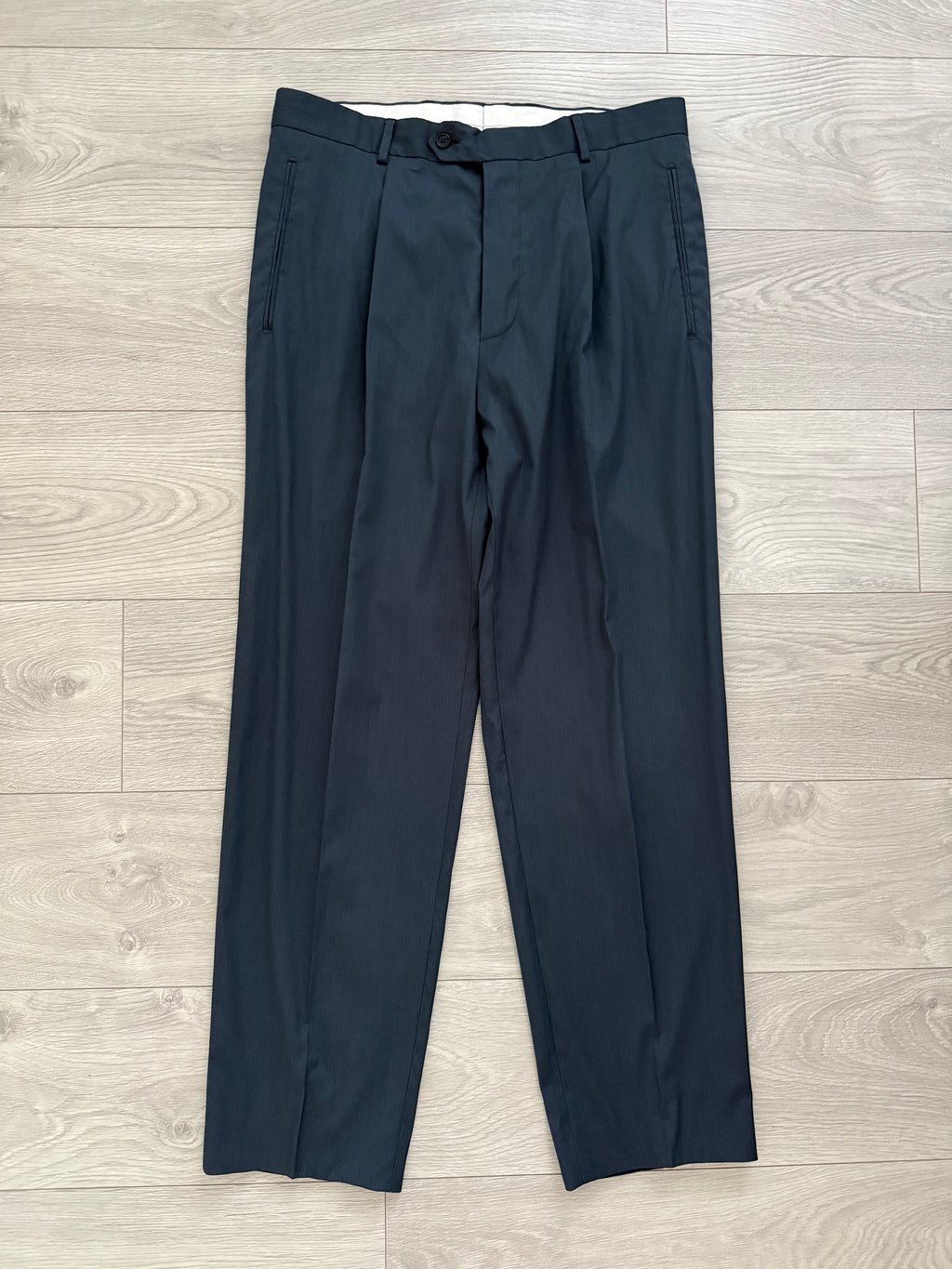 Hugo Boss 1980s 3B Gunmetal Blue Pleated Wool Suit - Size L Jacket / 34" Waist