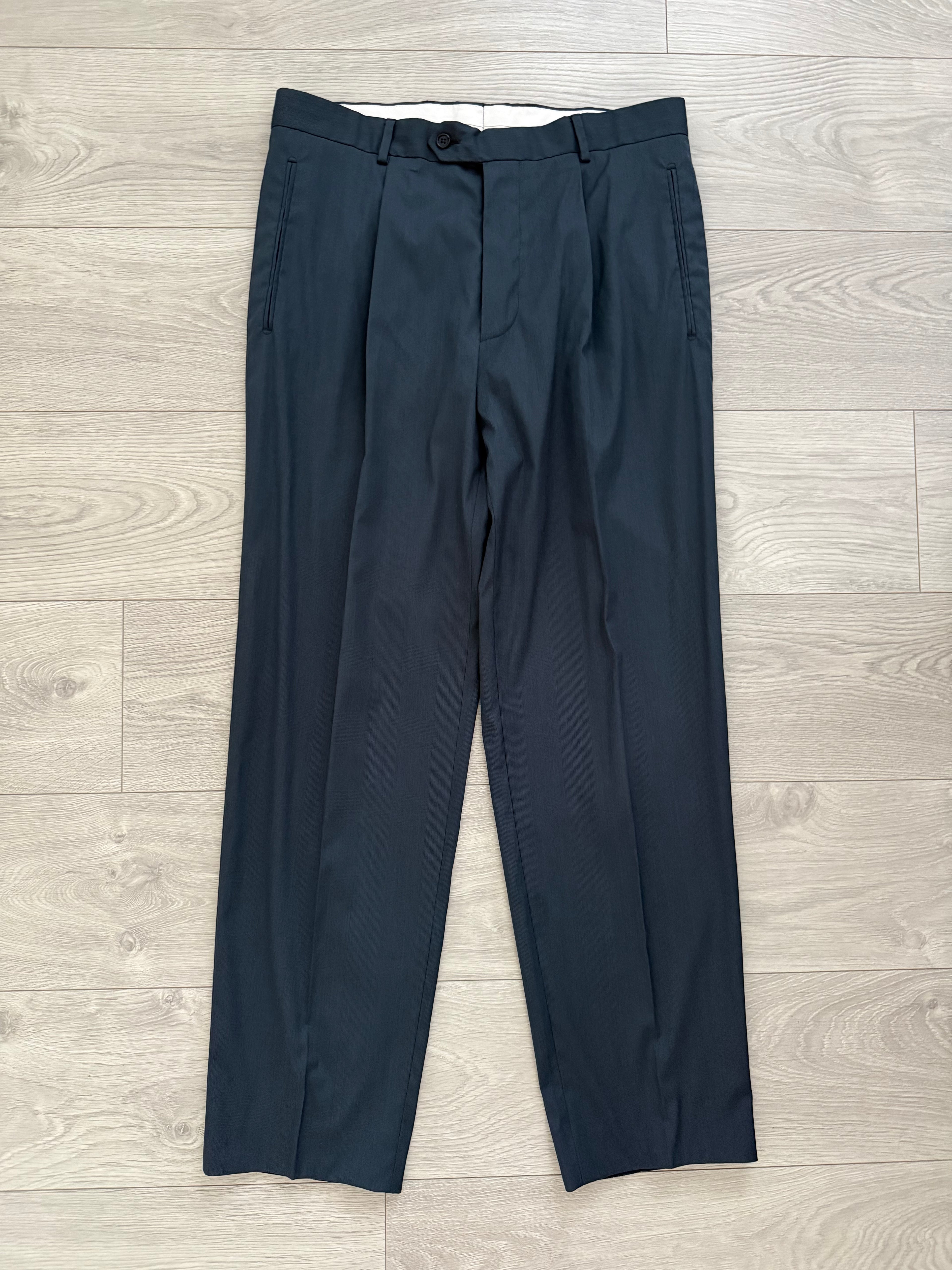 Hugo Boss 1980s 3B Gunmetal Blue Pleated Wool Suit - Size L Jacket / 34" Waist