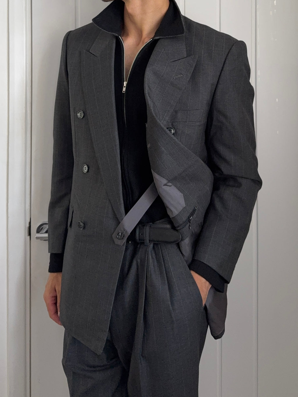 Yves Saint Laurent 1990s Double-Breasted Pleated Striped Grey Wool Suit - Size L Jacket / 32" Waist