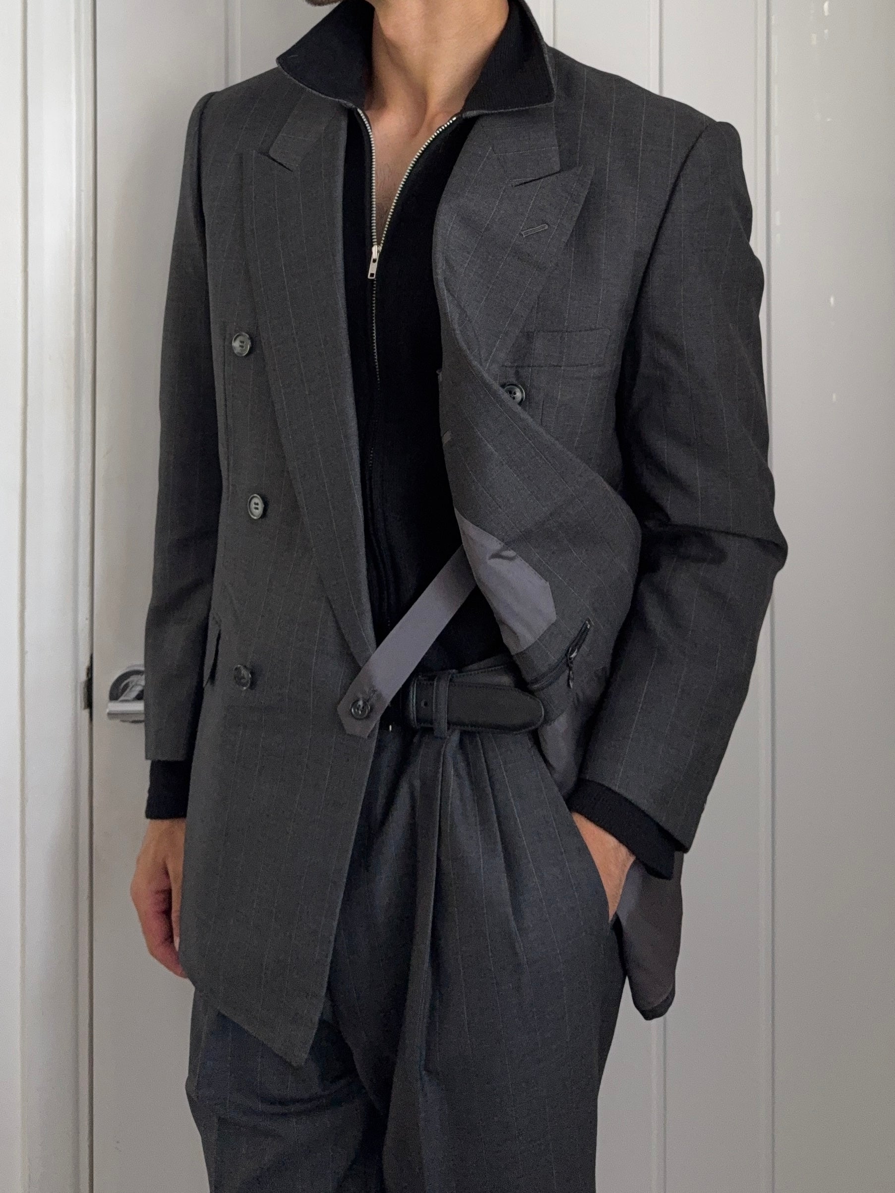 Yves Saint Laurent 1990s Double-Breasted Pleated Striped Grey Wool Suit - Size L Jacket / 32" Waist