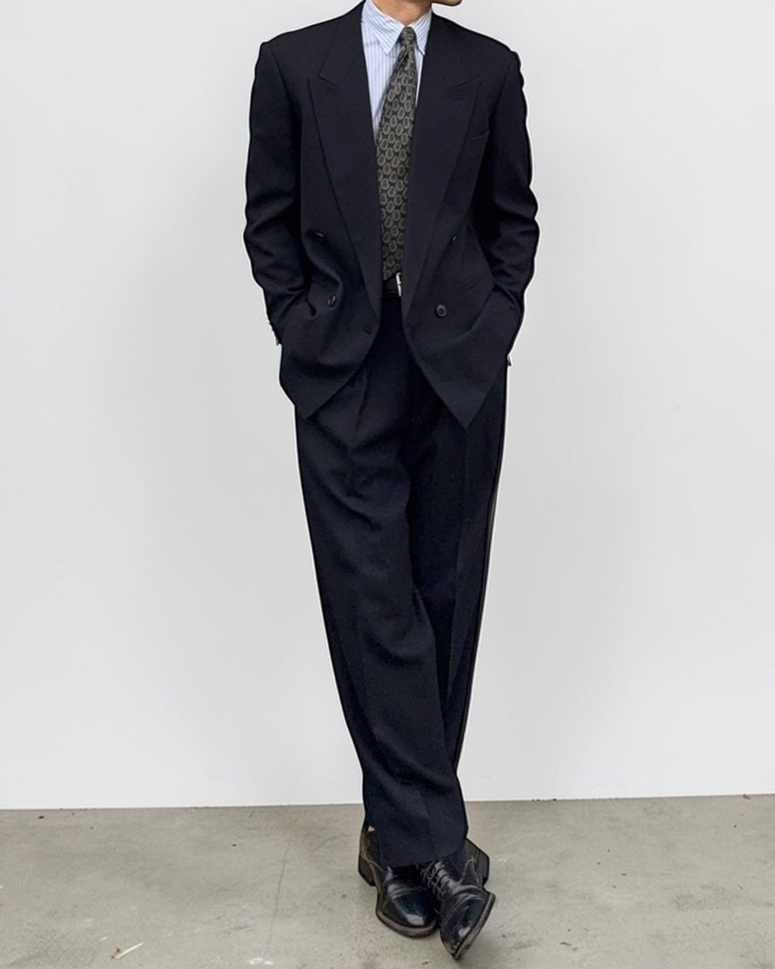 Emporio Armani 1980s Double Breasted Pleated Felt Wool Dark Navy Suit - Size S Jacket / 30" Waist