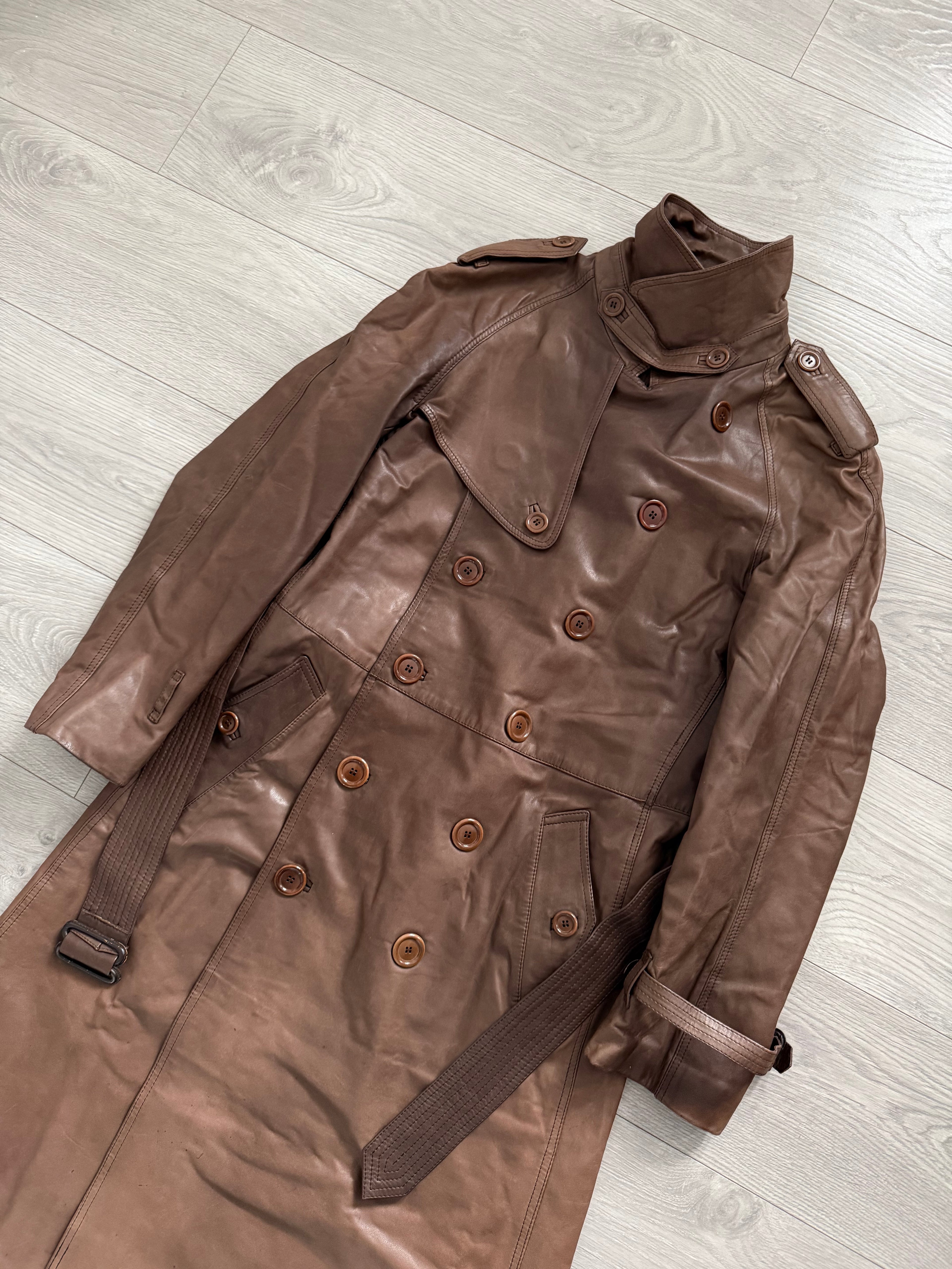 Sicons Armani 1980s Leather Military Trench Coat - Size S