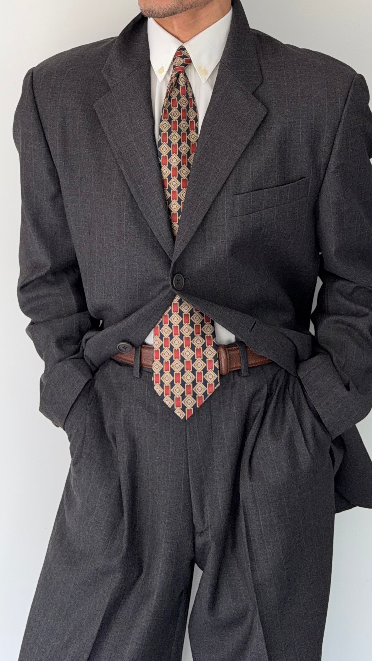 Emporio Armani 1990s 3B Double Pleat Pinstripe Grey Wool Suit - Size XL Jacket / 36" Waist