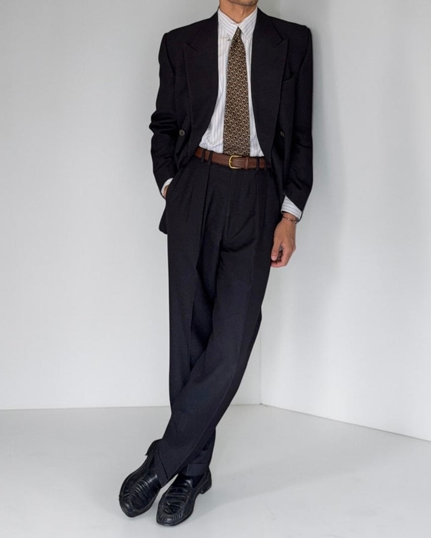 Krizia Armani 1990s Peaked Lapel Double Breasted Pleated Wool Suit Navy - Size M Jacket / 31" Waist