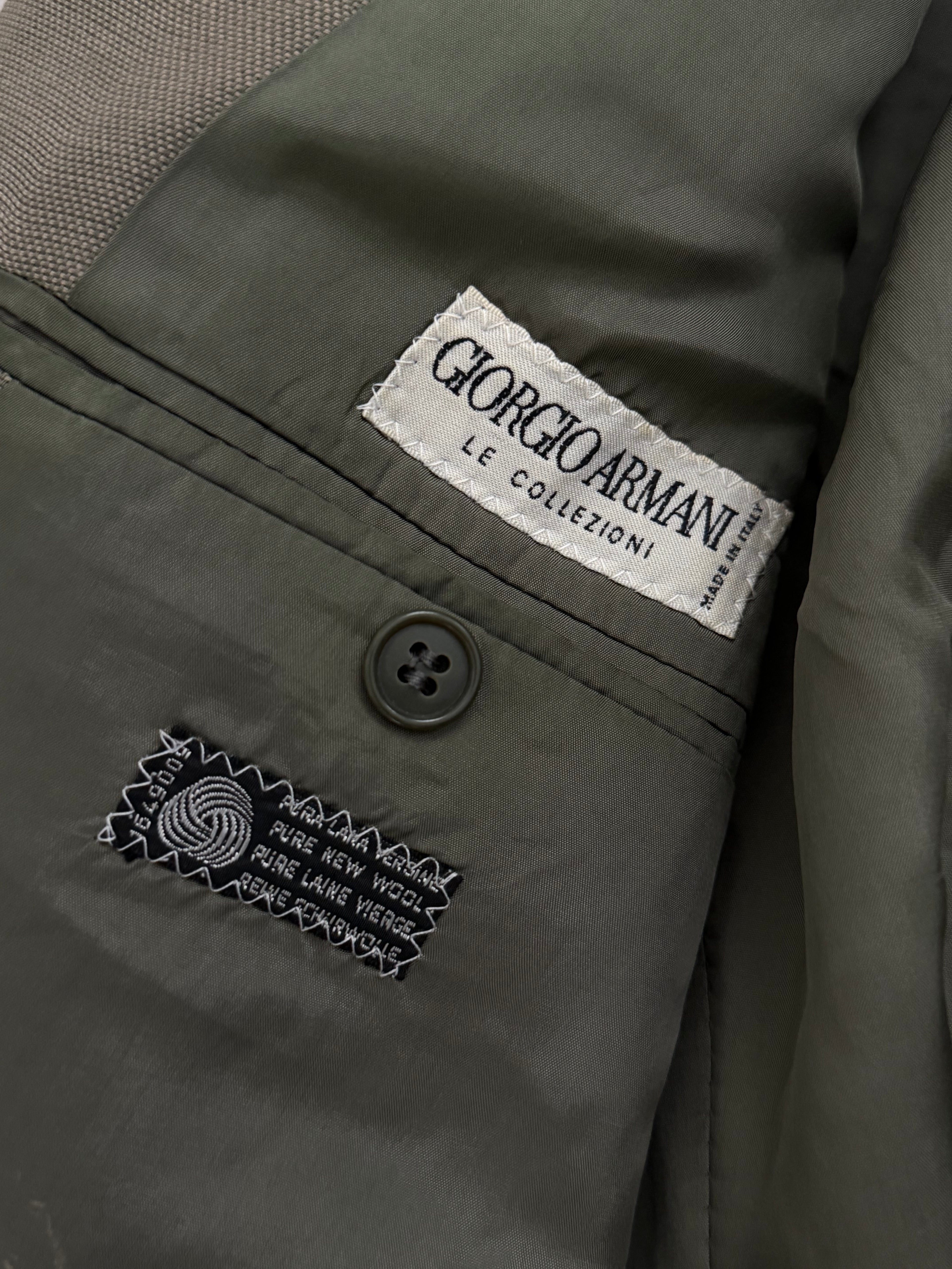 Giorgio Armani 1980s Taupe Green Peaked Lapel Double Breasted Pleated Wool Suit - Size S Jacket / 28" Waist