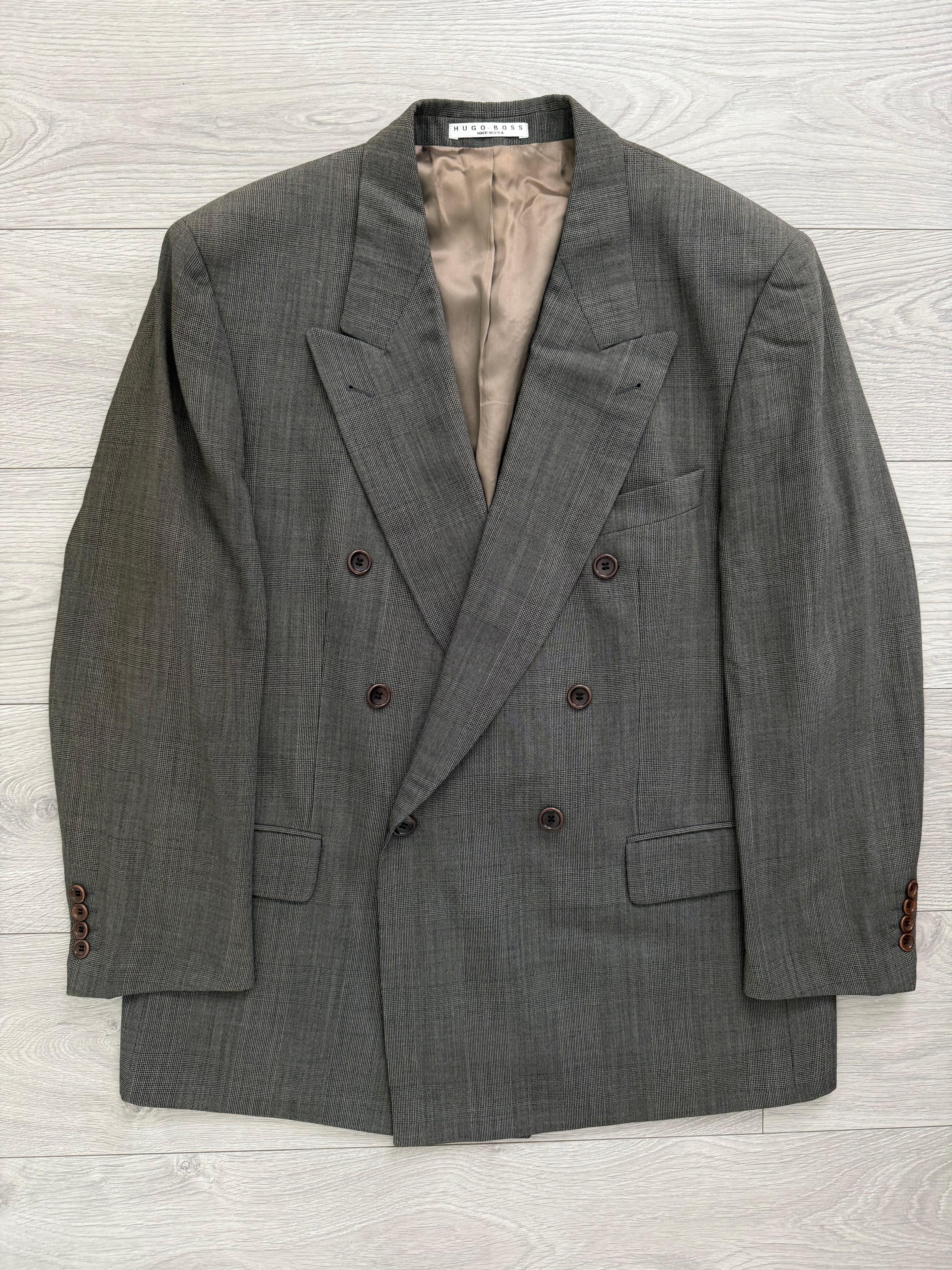 Hugo Boss 1980s 'Zeus' Peaked Lapel Double Breasted Pleated Wool Check Suit Greige - Size XL Jacket / 34" Waist