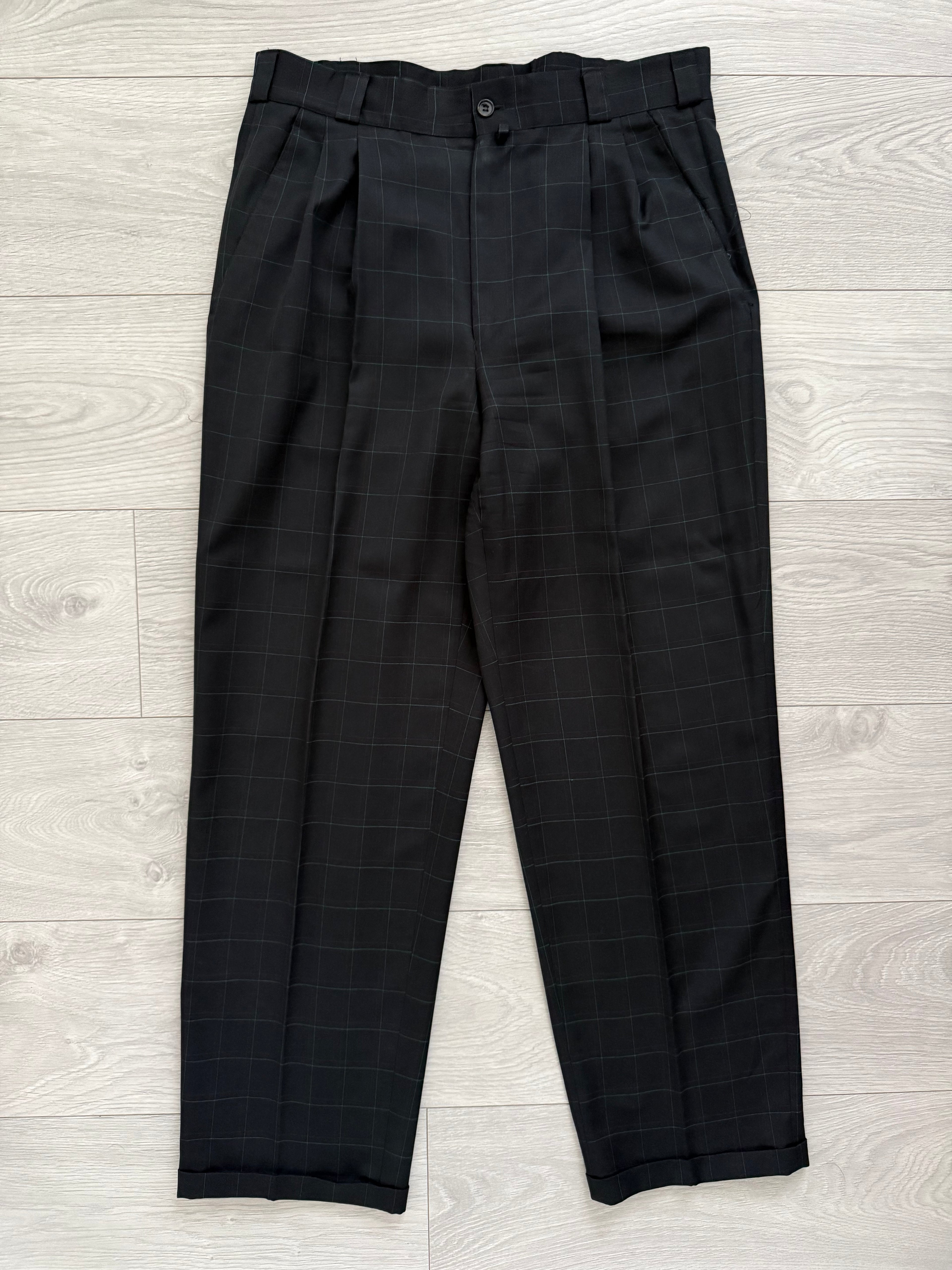 Versace 1980s Notch Lapel Double Breasted Pleated Wool Check Suit Black - Size M Jacket / 32" Waist