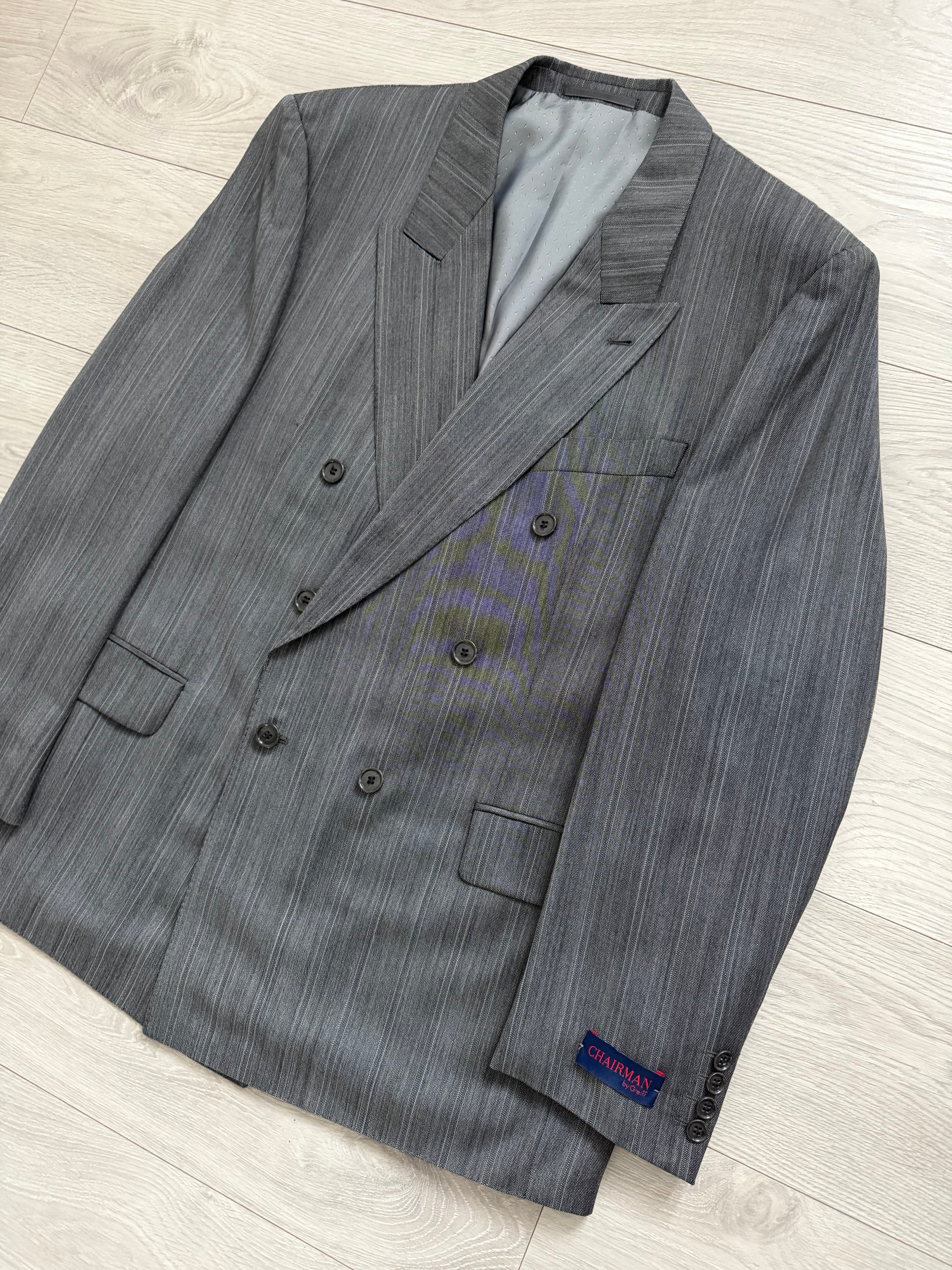 1980s Vintage Peaked Lapel Double Breasted Pleated Wool Textured Suit - Size XXL Jacket / 36" Waist