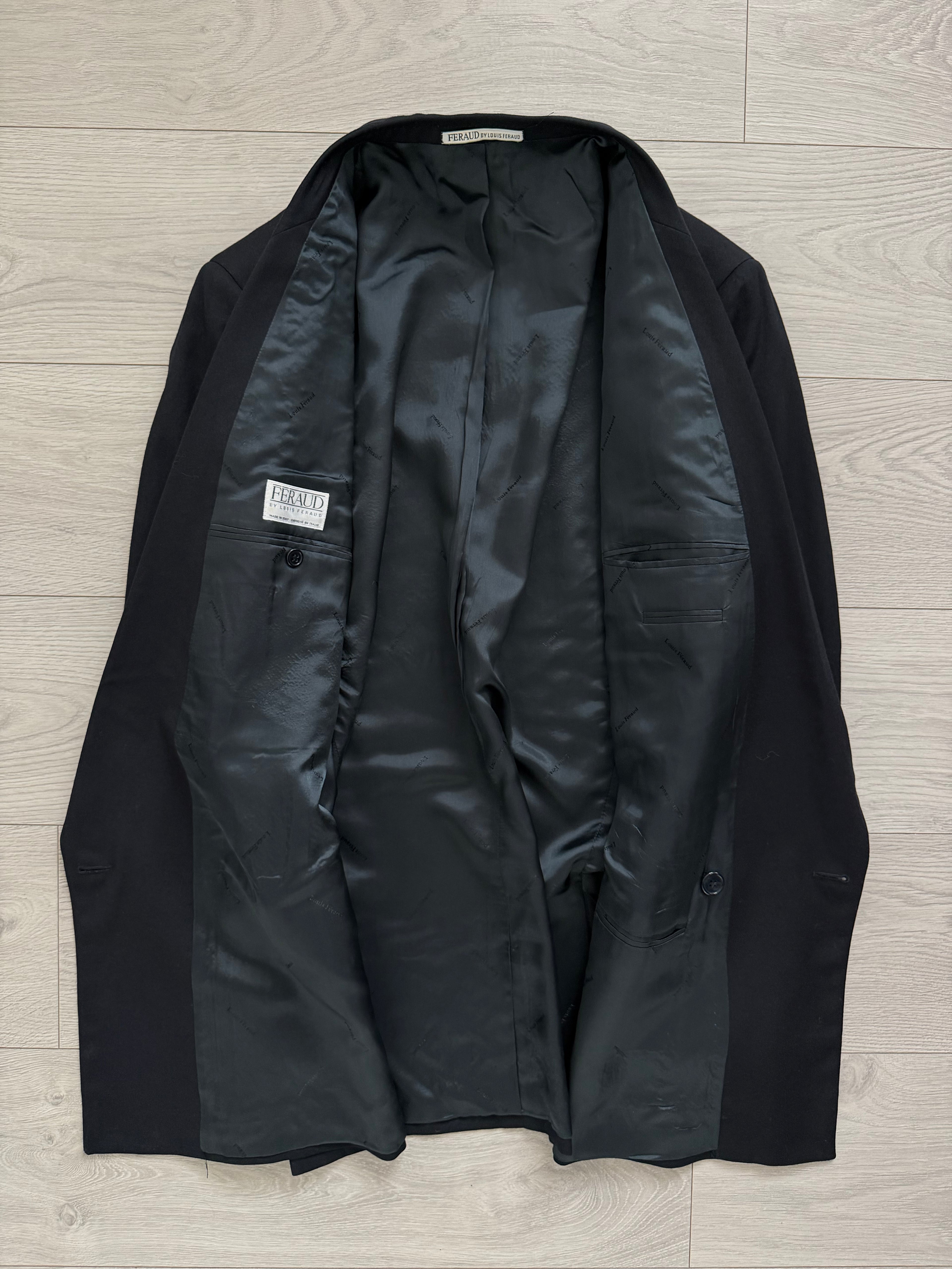 Louis Feraud Armani 1990s Peaked Lapel Pleated Double Breasted Wool Navy Suit - Size XXL Jacket / 38" Waist