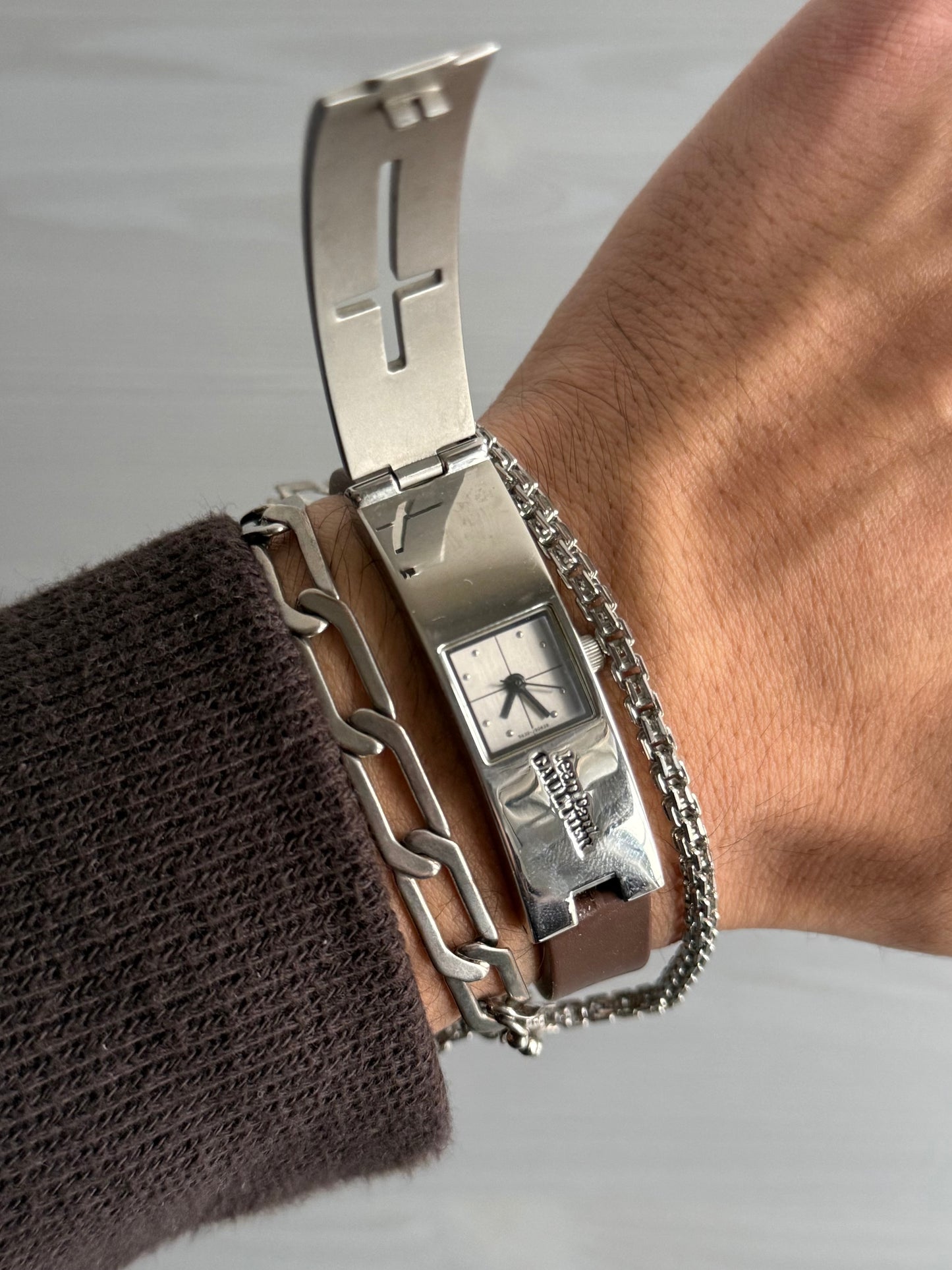 Jean Paul Gaultier Laser-Cut Cross Motif Stainless Steel Concealed Watch Bracelet