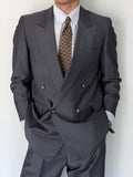 Burberry 1980s Peaked Lapel Double Breasted Pleated Wool Mohair Grey Suit - Size S Jacket / 31" Waist
