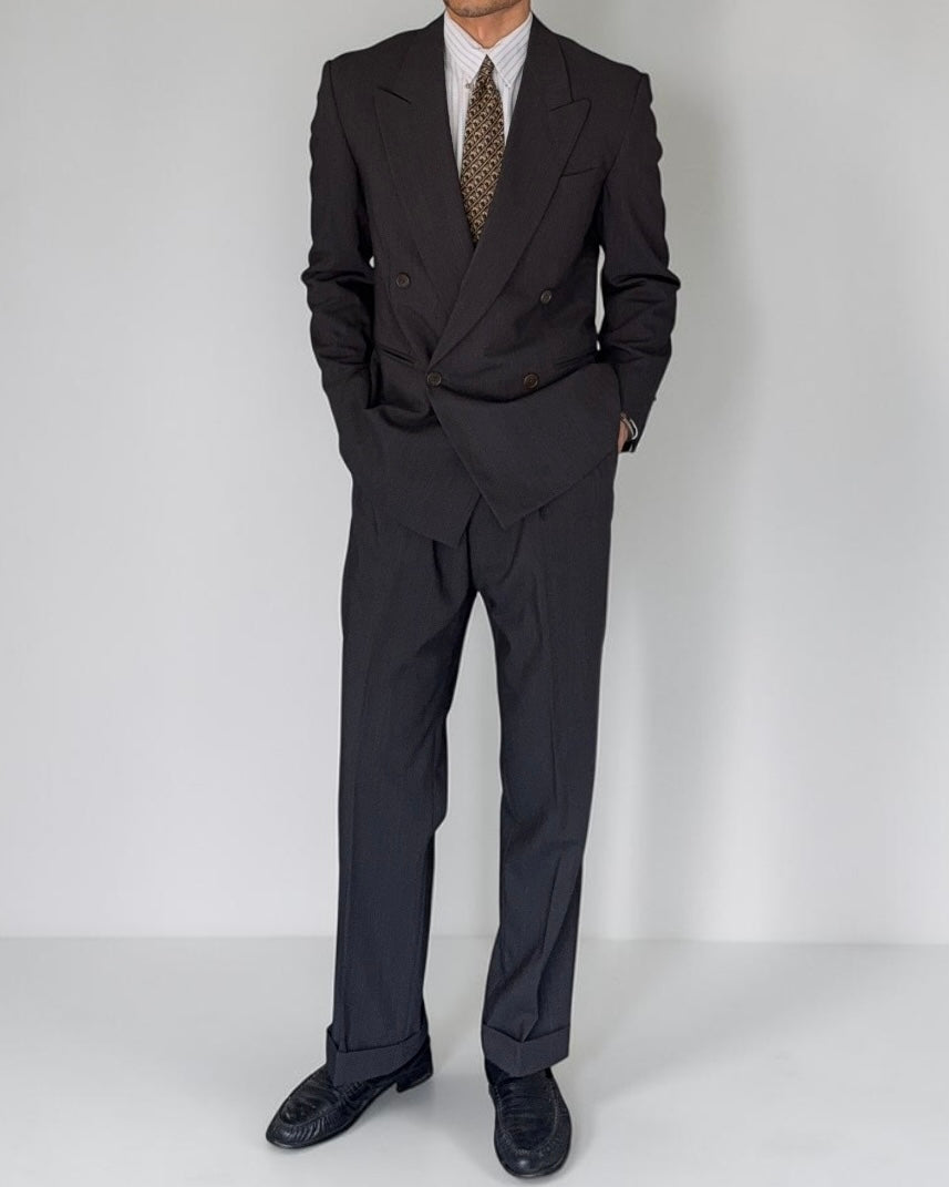 Gianfranco Ferre 1980s Peaked Lapel Double Breasted Pleated Wool Lightweight Suit Grey - Size S Jacket / 29" Waist
