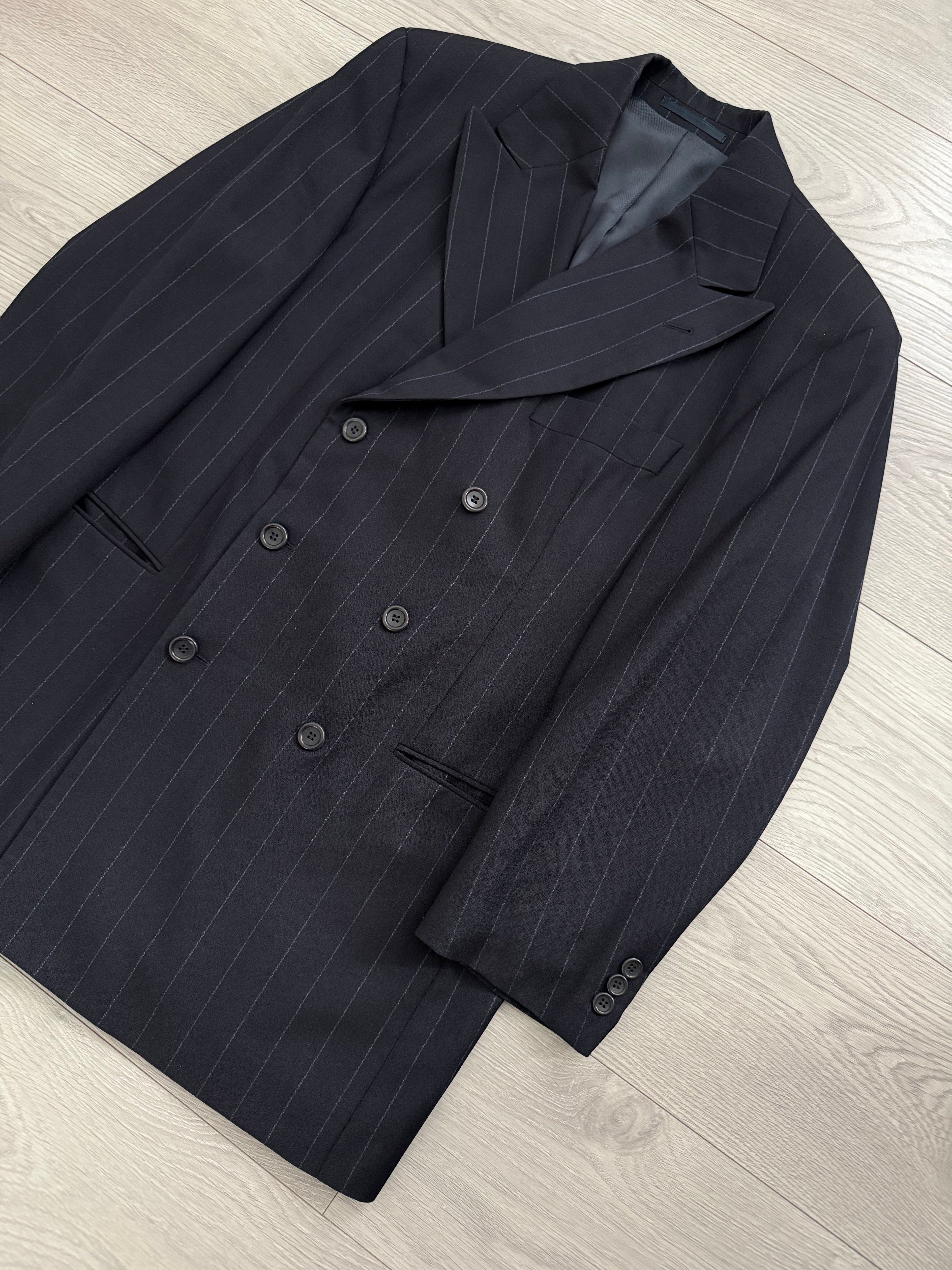 Hugo Boss 1990s 'Nostalgia' 6B Double Breasted Pleated Striped Wool Navy Suit - Size M Jacket / 32" Waist