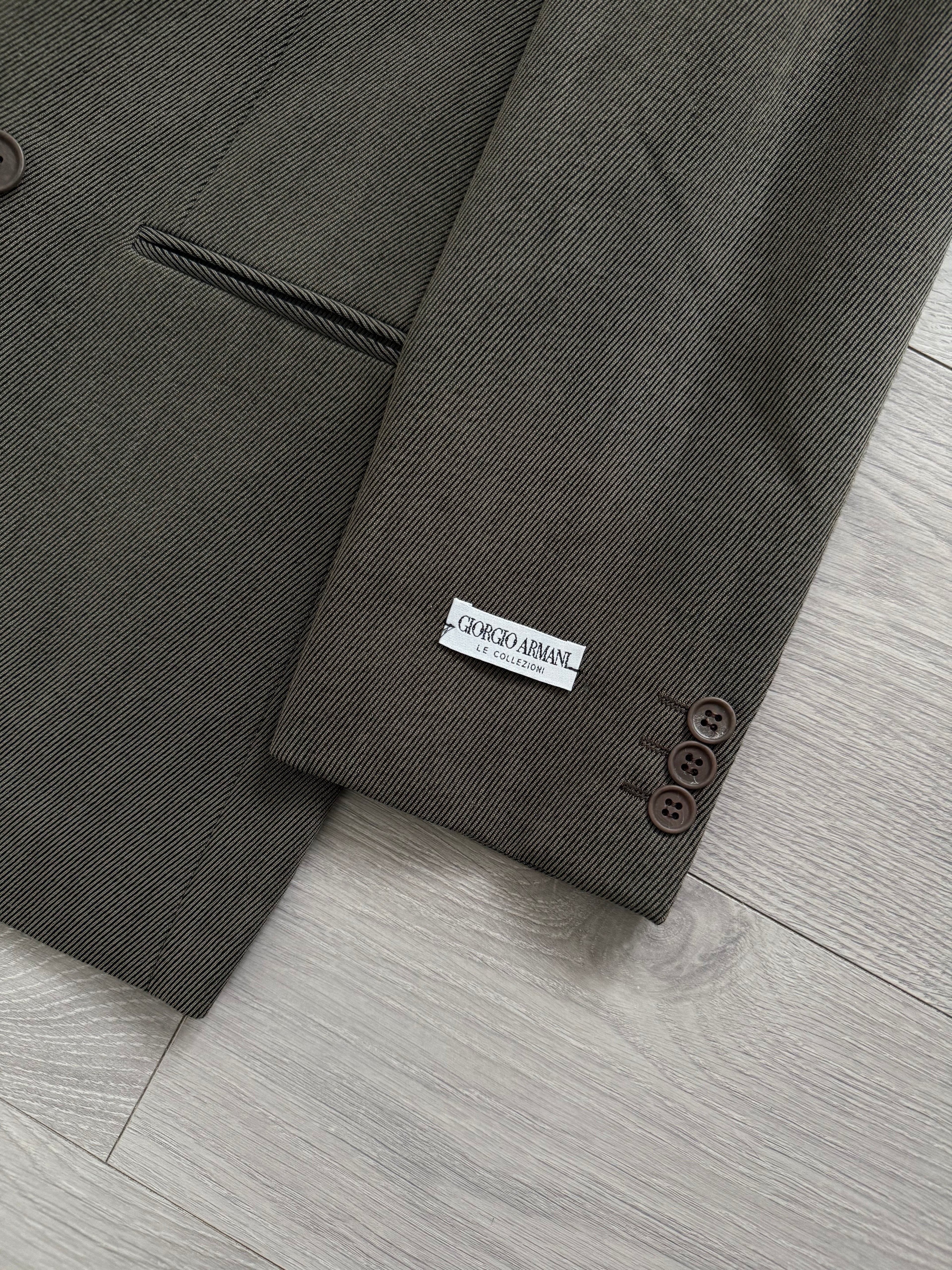 Giorgio Armani 1980s Double Breasted Pleated Wool Suit Olive Taupe New - Size L Jacket / 32" Waist