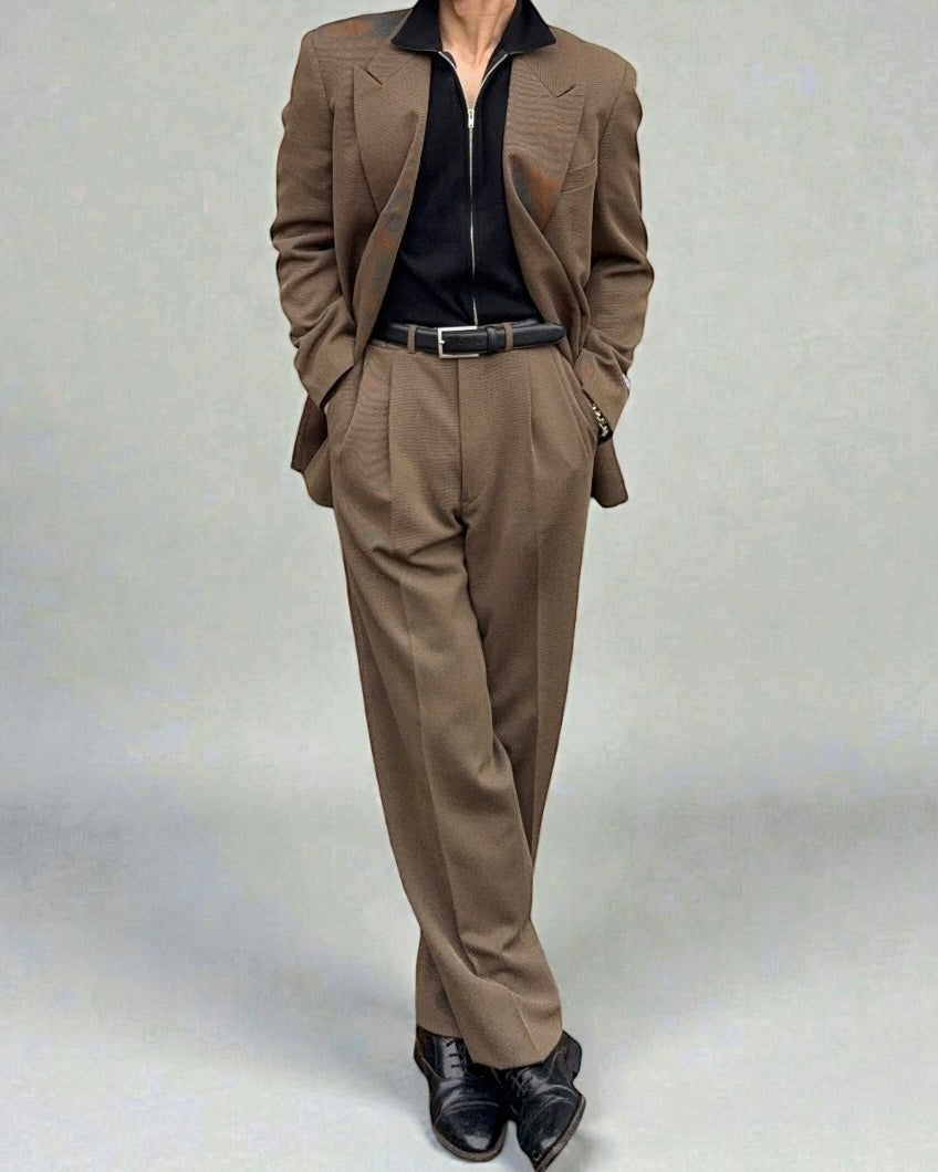 Giorgio Armani 1980s Double Breasted Pleated Wool Suit Taupe Brown New - Size L Jacket / 32" Waist