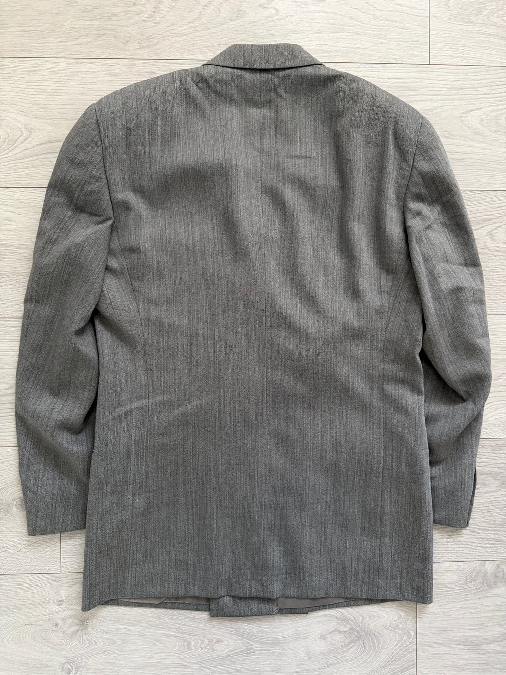 Giorgio Armani 1980s Peaked Lapel Double Breasted Herringbone Wool Grey Suit - Size M Jacket / 32" Waist