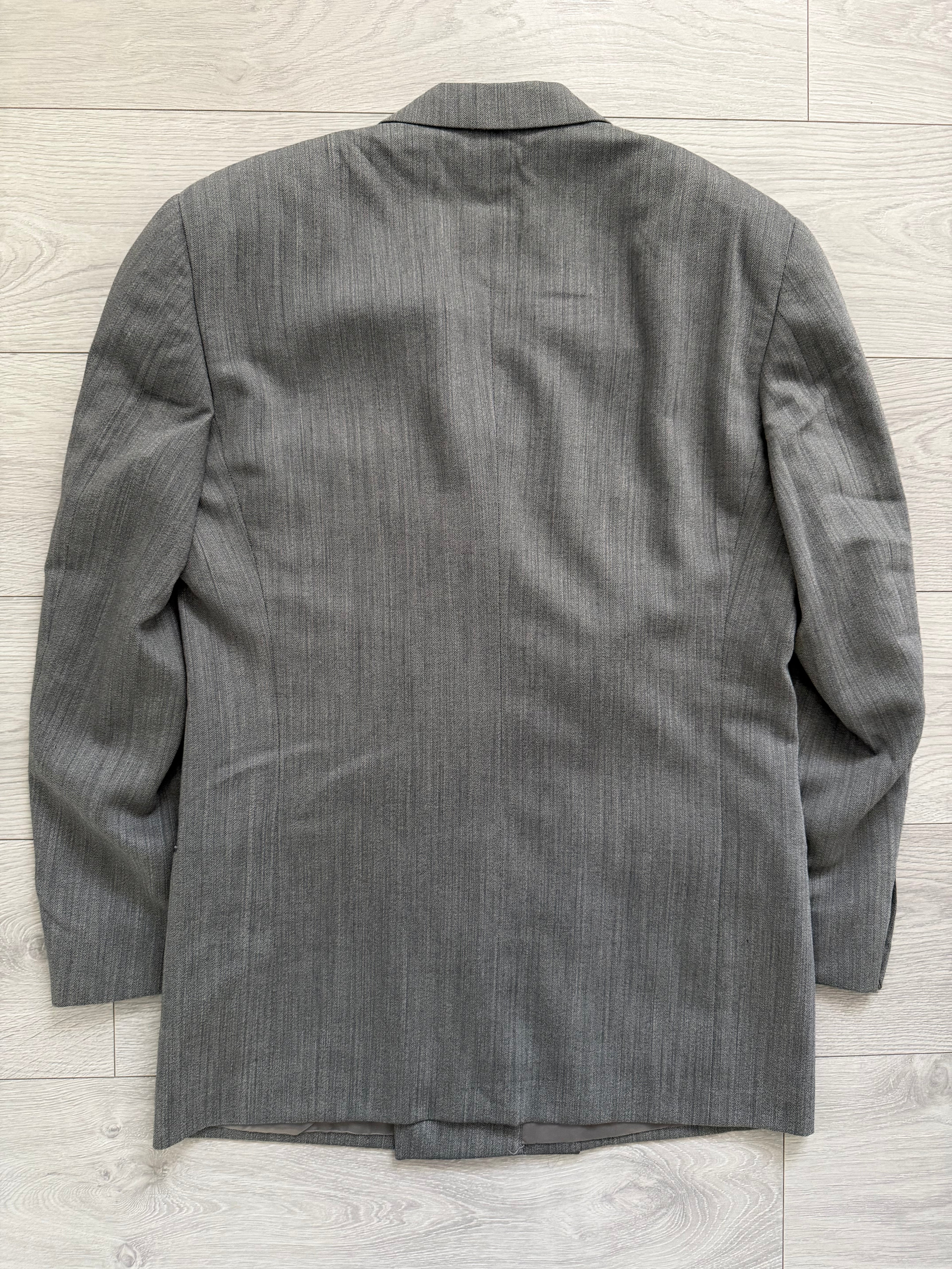 Giorgio Armani 1980s Peaked Lapel Double Breasted Herringbone Wool Grey Suit - Size M Jacket / 32" Waist