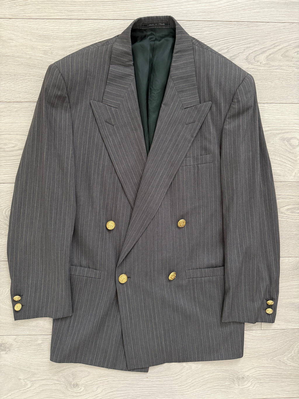 Versace 1980s Peaked Lapel Double Breasted Medusa Metal Button Triple Pleat Striped Wool Suit - Size S Jacket / 30" Waist
