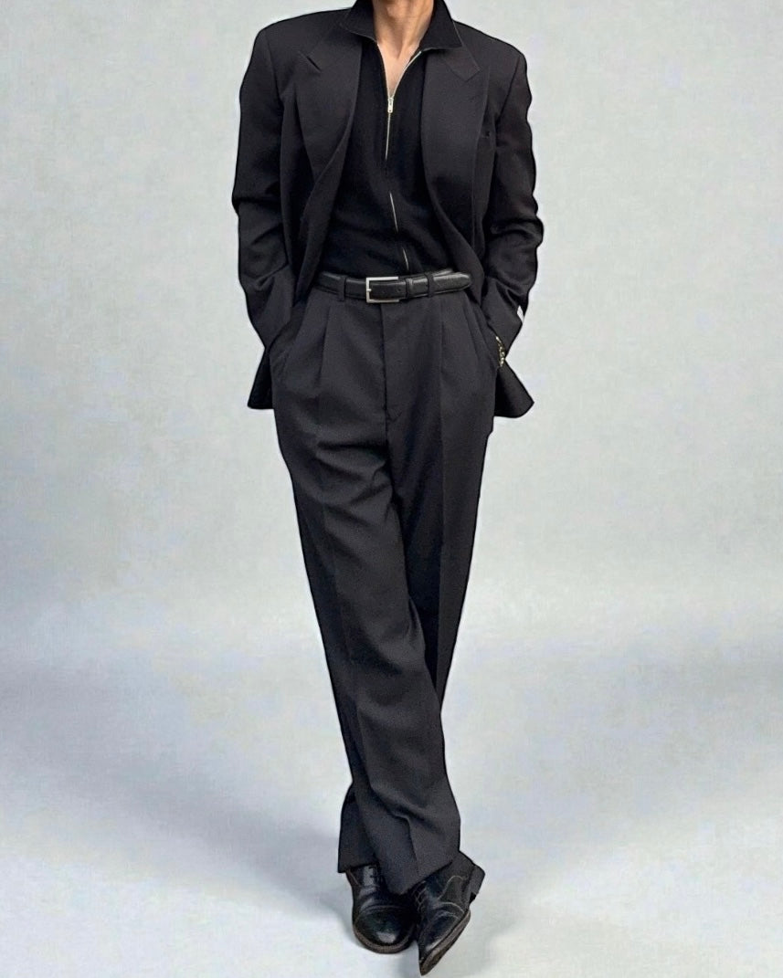 Giorgio Armani 1980s Double Breasted Pleated Wool Suit Black New - Size L Jacket / 32" Waist