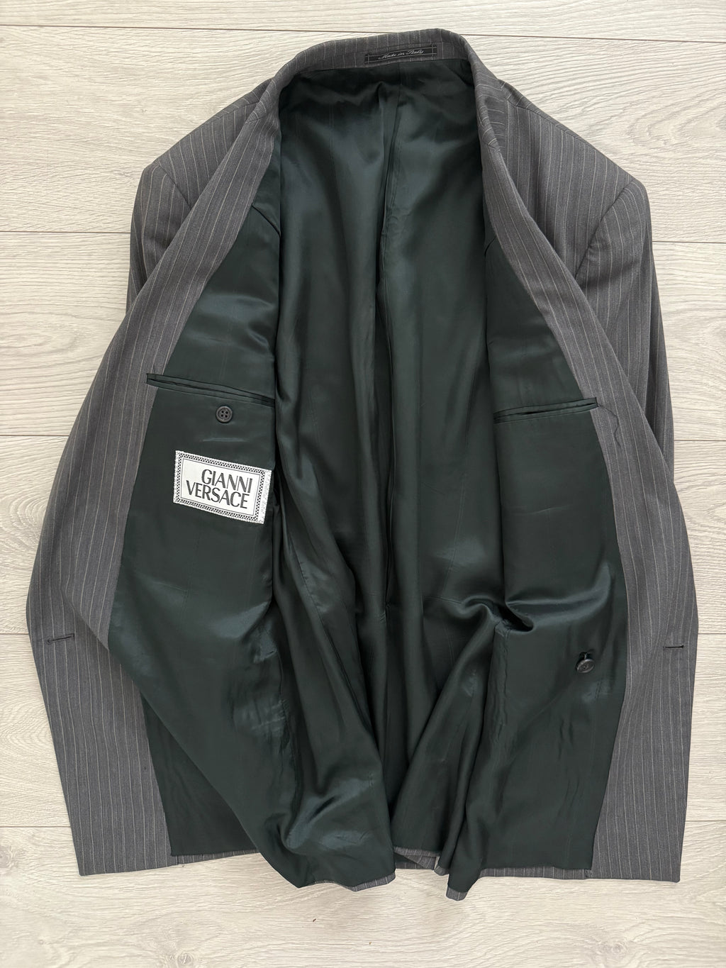 Versace 1980s Peaked Lapel Double Breasted Medusa Metal Button Triple Pleat Striped Wool Suit - Size S Jacket / 30" Waist