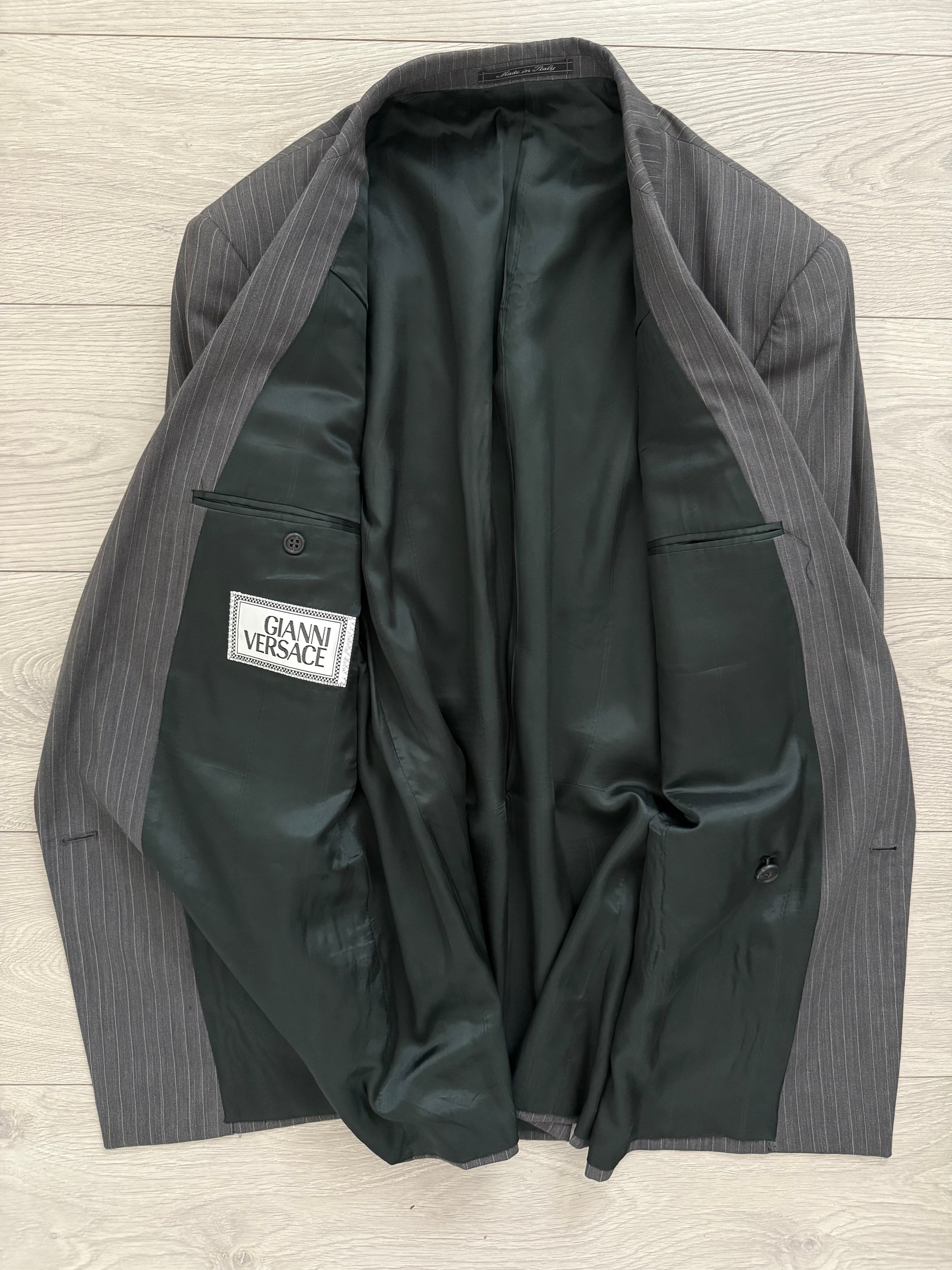 Versace 1980s Peaked Lapel Double Breasted Medusa Metal Button Triple Pleat Striped Wool Suit - Size S Jacket / 30" Waist