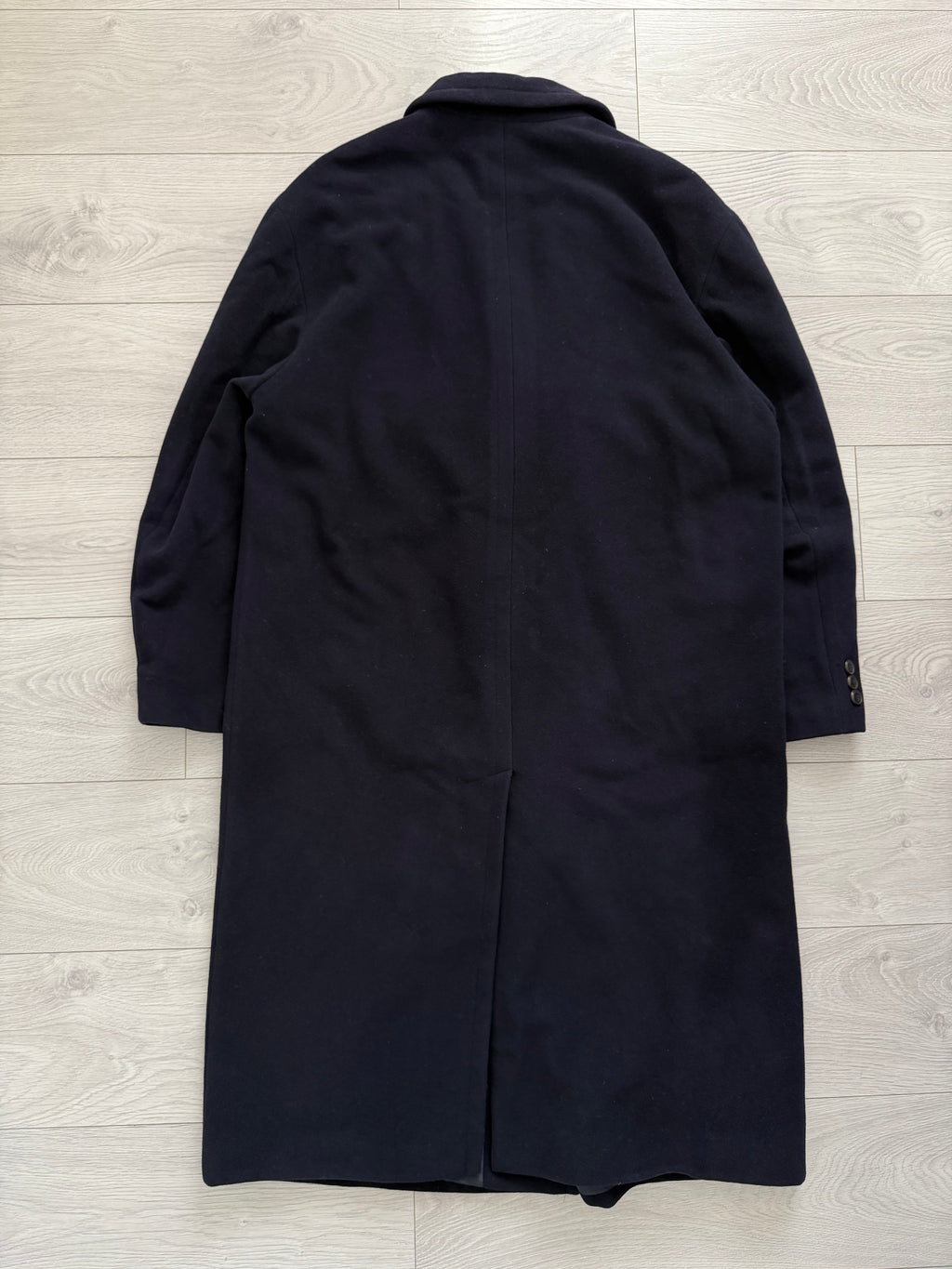 Hugo Boss 1980s 'Yamaha' Peaked Lapel Navy Wool Overcoat - Size XXL