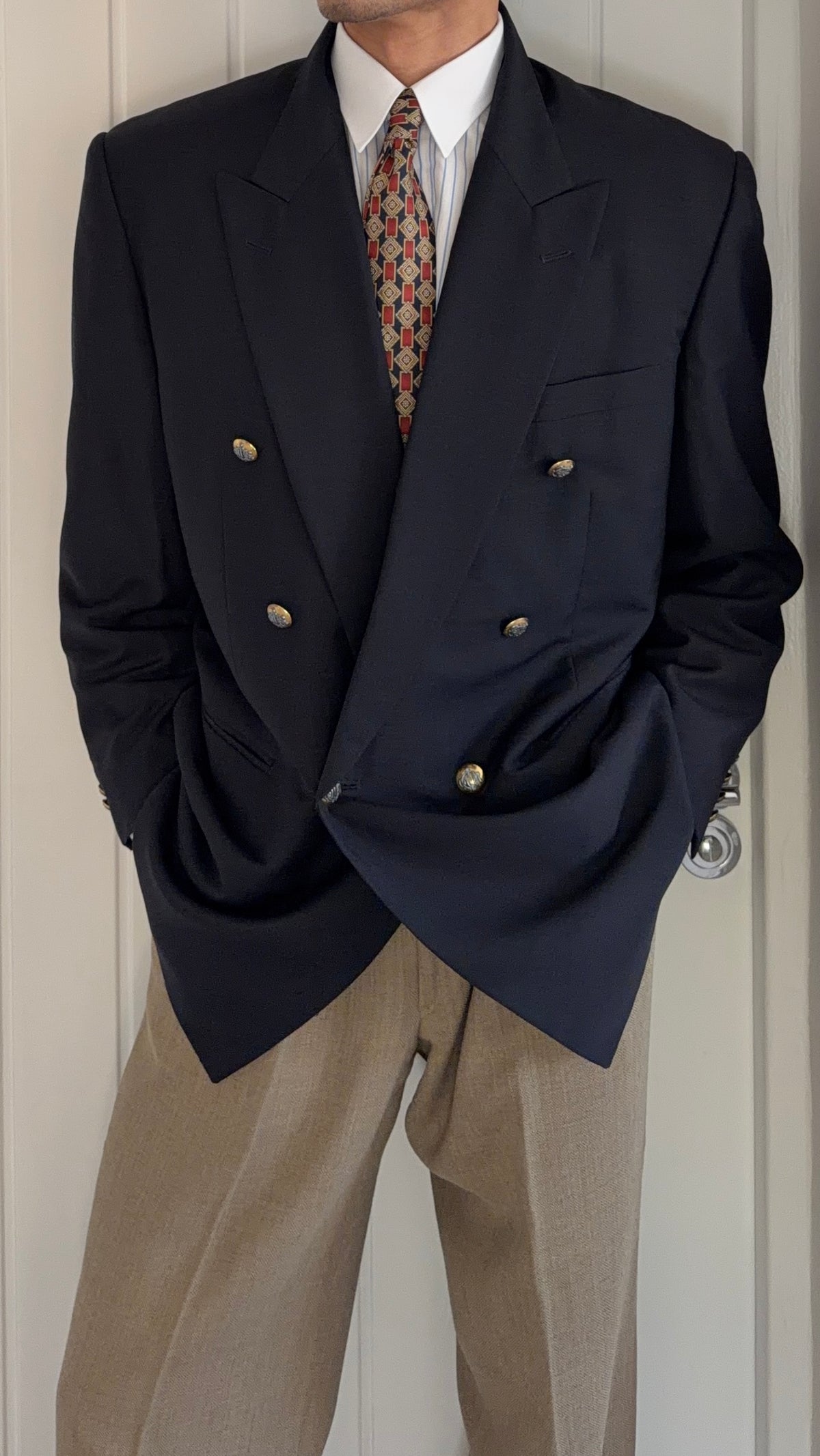 Dior 1980s Metal Button Unlined Double Breasted Wool Navy Sport Jacket Blazer - Size XL