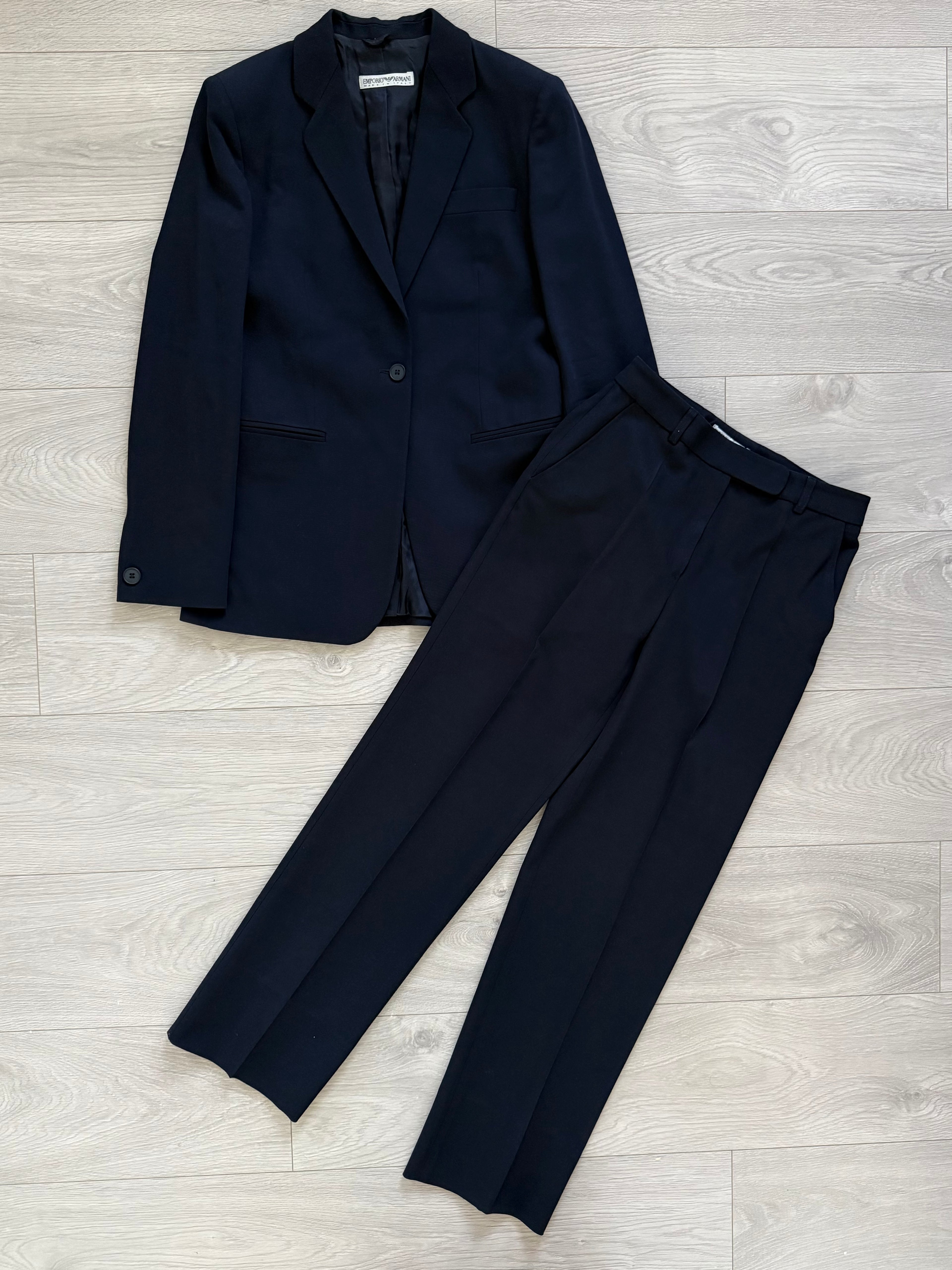 Emporio Armani AW1992 Womens Draped Wool Navy Suit - Size M Jacket / 28" Waist