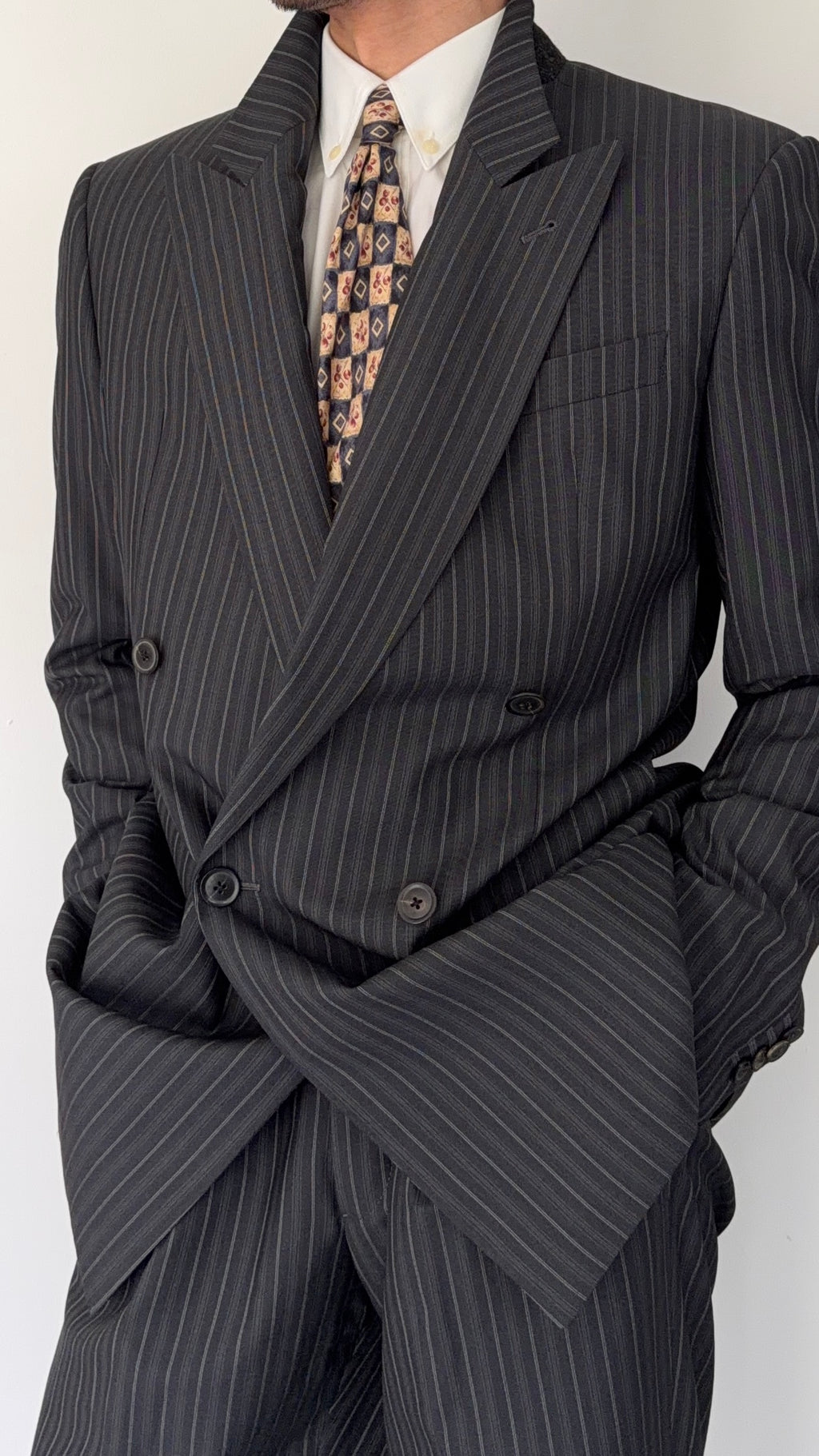Armani 1990s Peaked Lapel Double Breasted Pleated Silk Wool Suit Striped Grey - Size L Jacket / 34" Waist