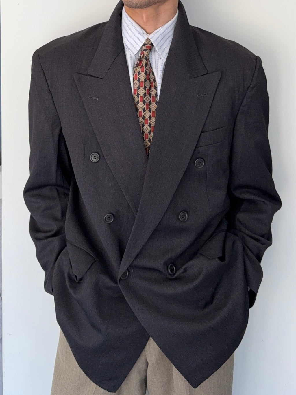 Hugo Boss 1980s 'Mitford' Grey Peaked Lapel Double Breasted Wool Sports Jacket Blazer - Size XL