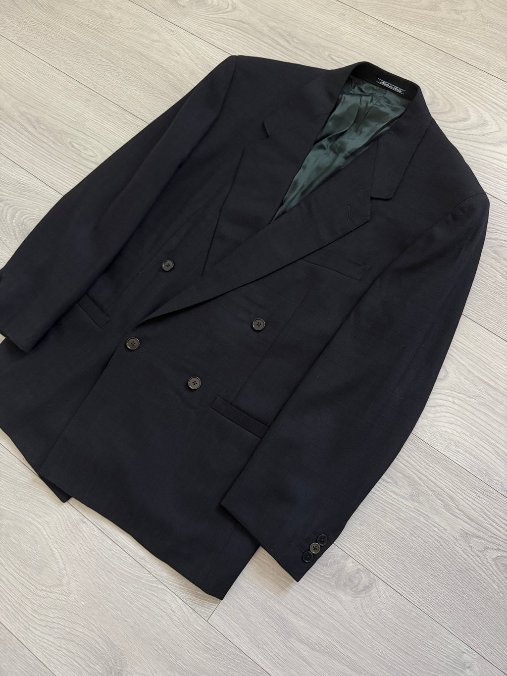 Versace 1980s Notch Lapel Double Breasted Wool Pleated Black Textured Suit - Size M Jacket / 30" Waist