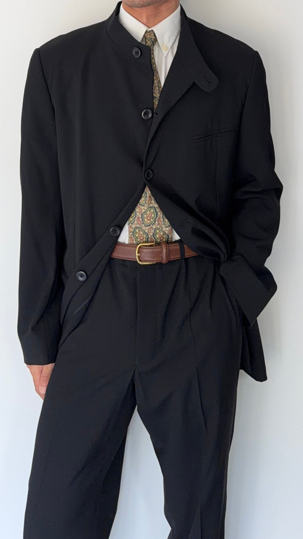 Armani 1990s Nehru Collar Draped Wool Suit - Size XXL Jacket / 38" Waist