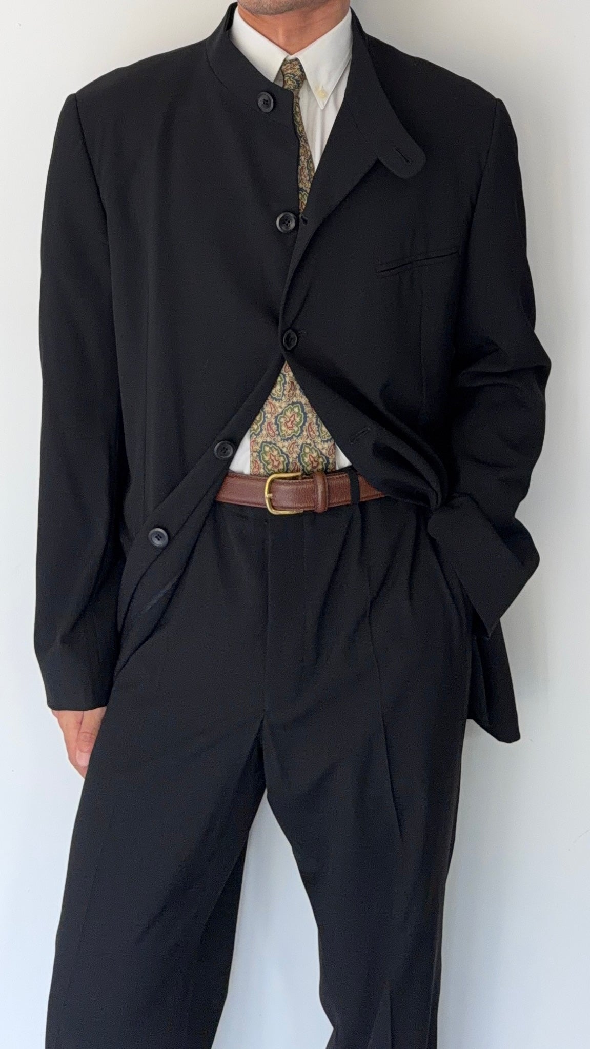 Armani 1990s Nehru Collar Draped Wool Suit - Size XXL Jacket / 38" Waist