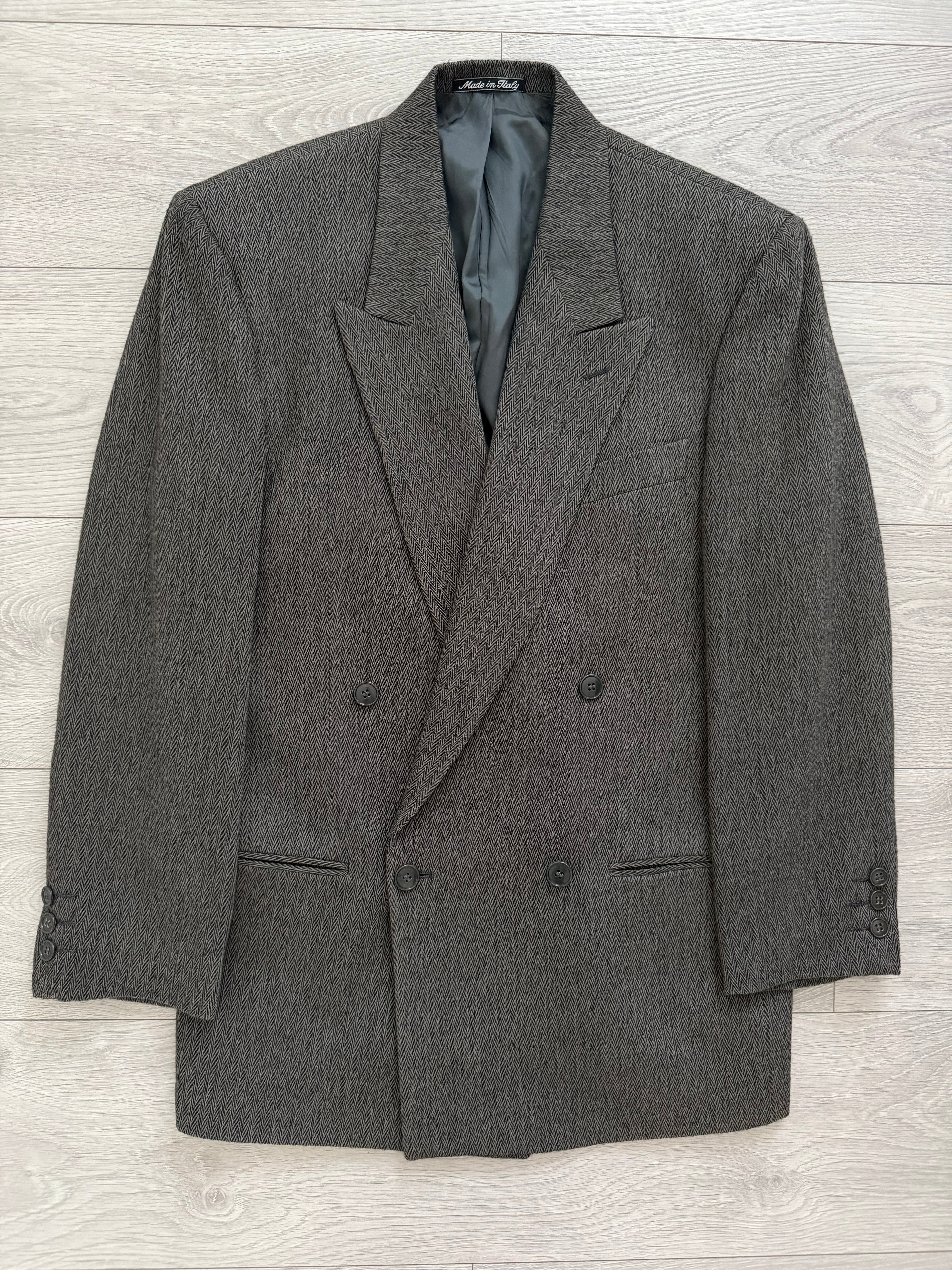 Giorgio Armani Mainline 1980s Chevron Herringbone Double Breasted Wool Sports Jacket Blazer - Size S