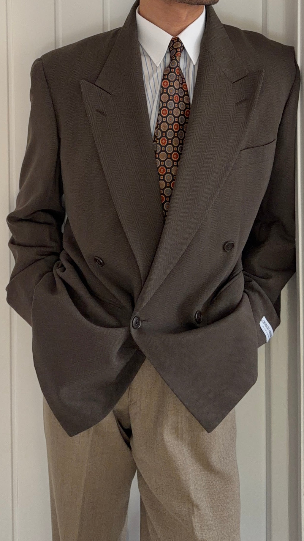 Giorgio Armani 1980s Peaked Lapel Double Breasted Brown Wool Sport Jacket Blazer - Size M