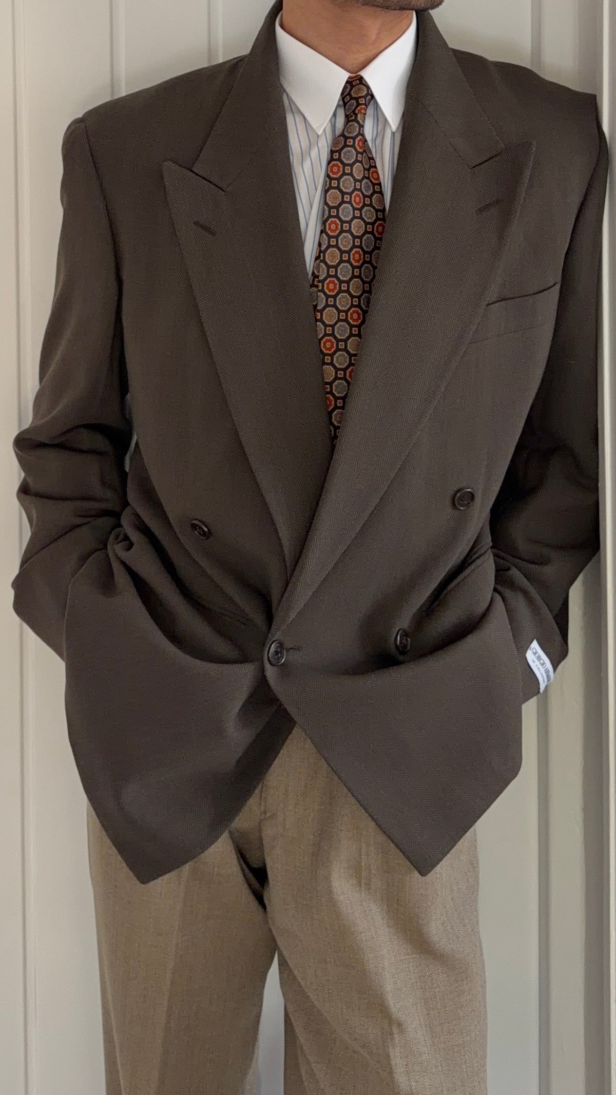 Giorgio Armani 1980s Peaked Lapel Double Breasted Brown Wool Sport Jacket Blazer - Size M