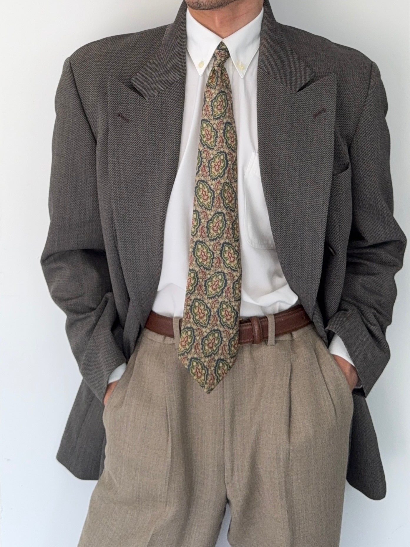 Hugo Boss 1980s 'Omega' Peaked Lapel Double Breasted Textured Wool Sports Jacket Blazer - Size L
