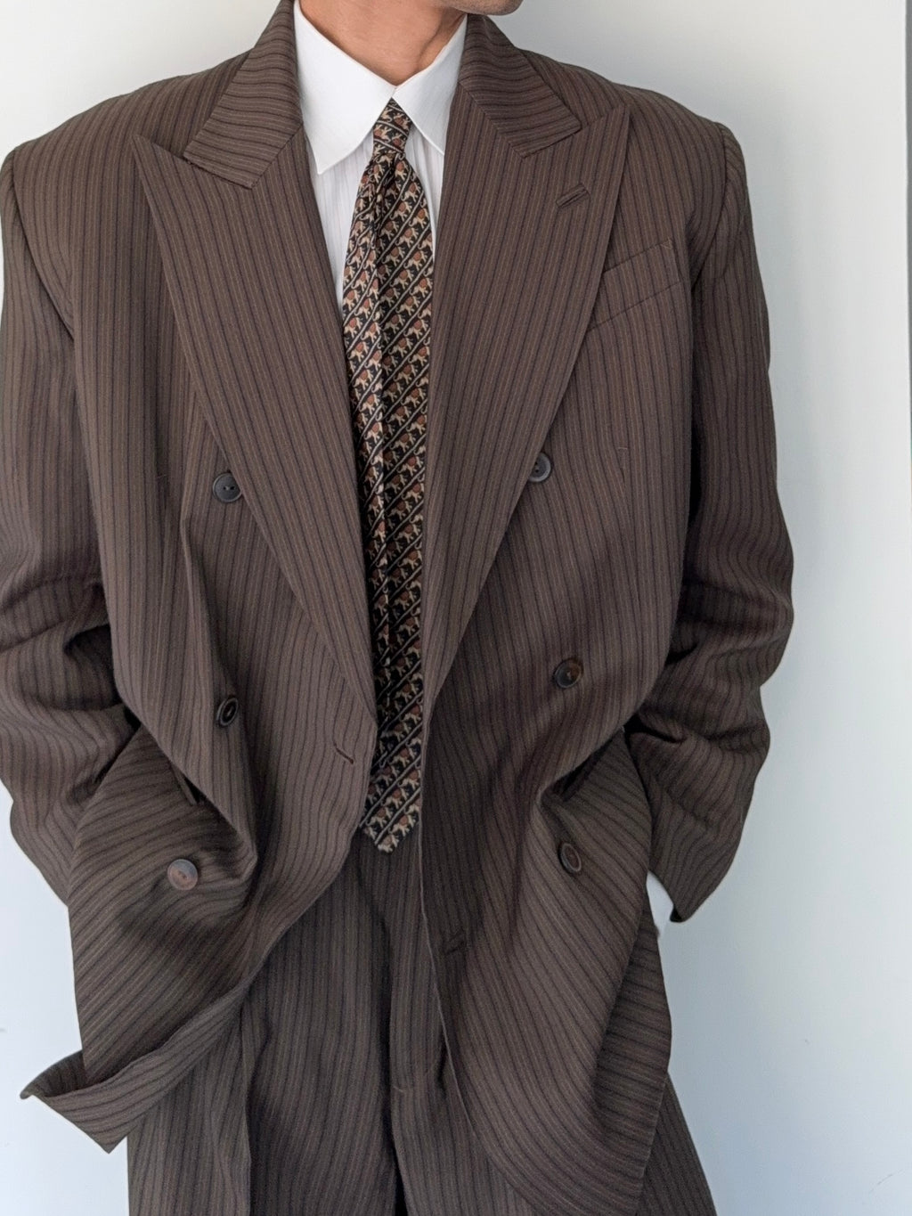 Jean Paul Gaultier 1990s Peaked Lapel Double Breasted Pleated Textured Suit - Size XL Jacket / 34" Waist