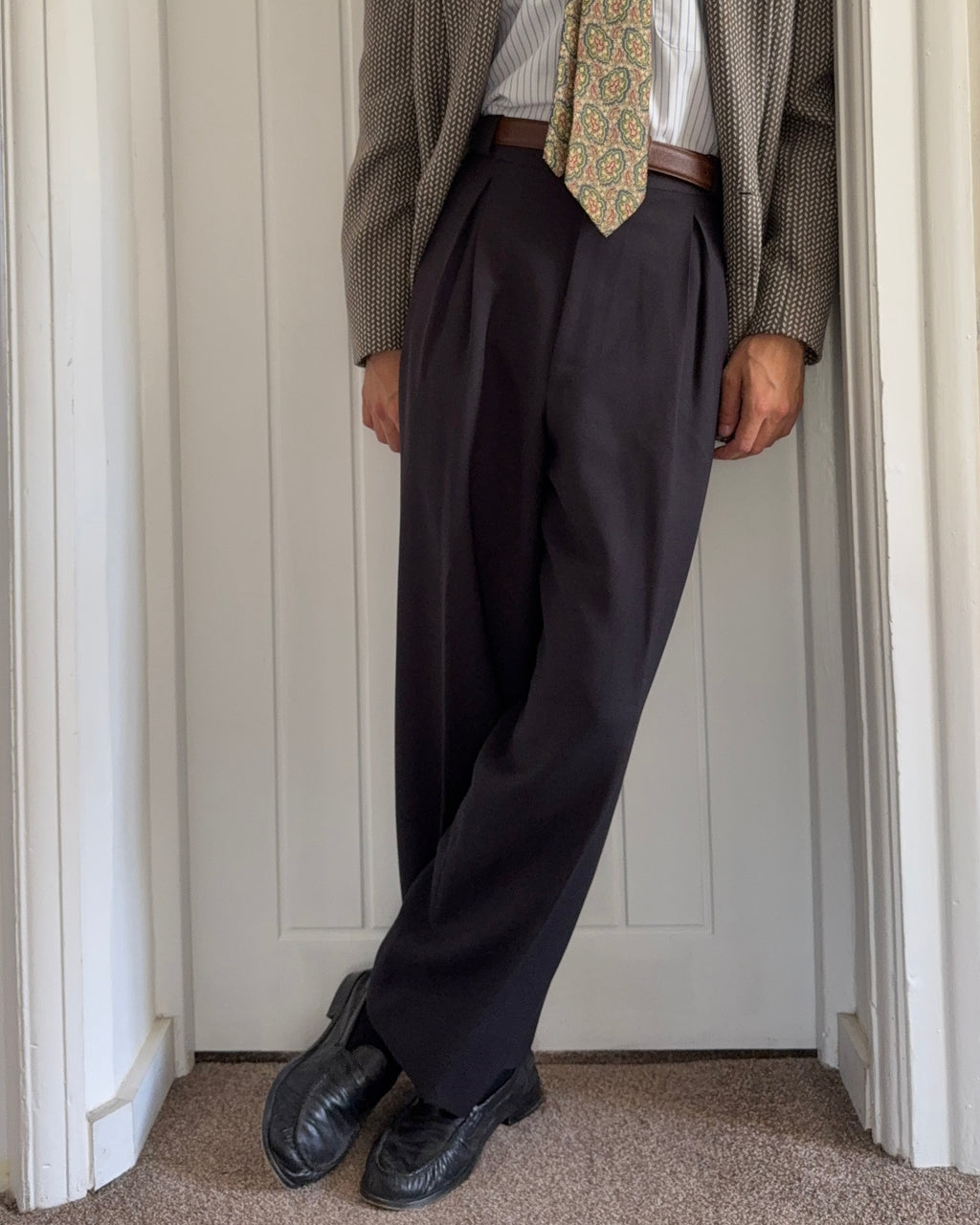 Giorgio Armani 1980s Double Pleat Draped Wool Black Pants - Size 36" Waist