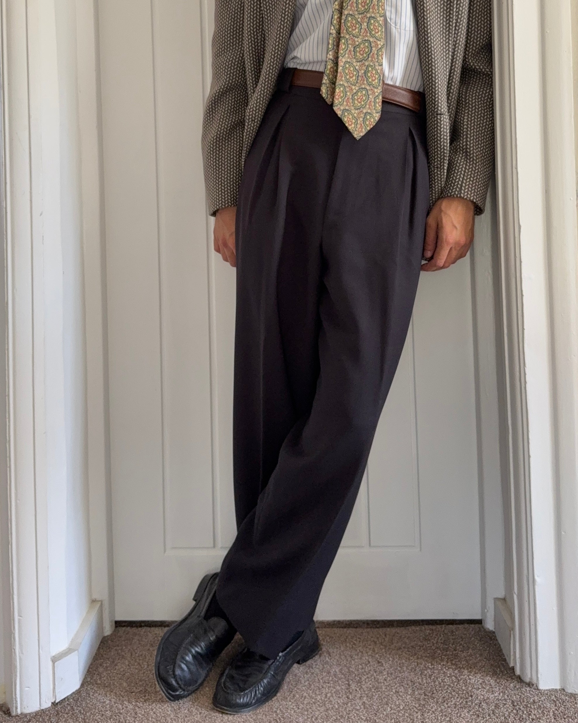 Giorgio Armani 1980s Double Pleat Draped Wool Black Pants - Size 36" Waist