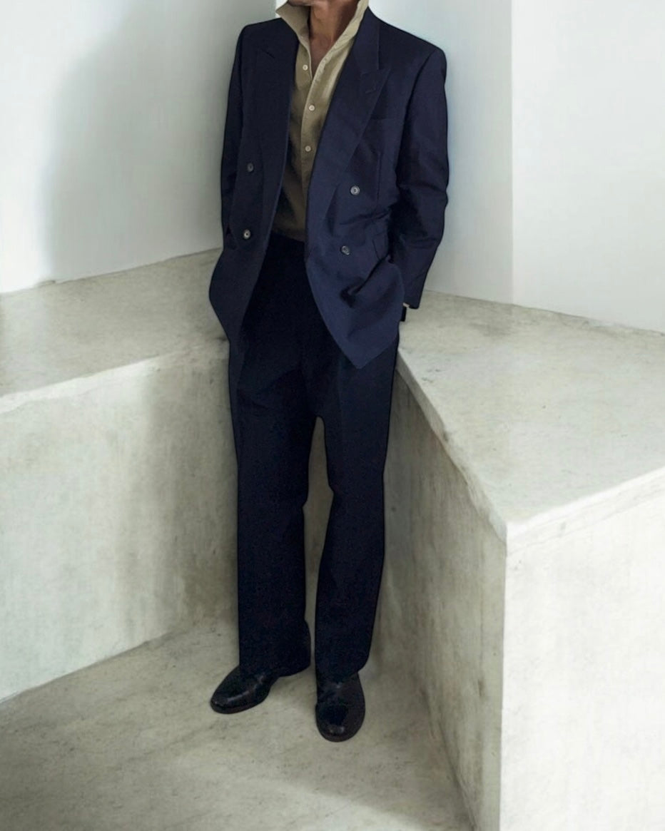 Yves Saint Laurent 1990s Double-Breasted Pleated Striped Blue Wool Suit - Size L Jacket / 32" Waist