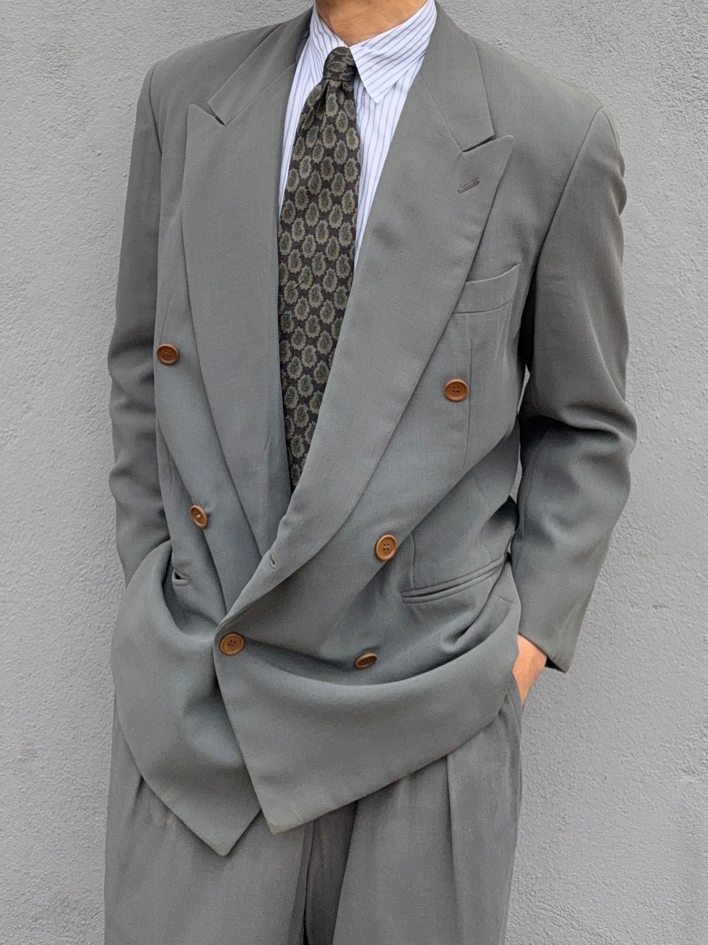 Giorgio Armani 1990s Double Breasted Pleated Wool Draped Suit - Size L Jacket / 32" Waist
